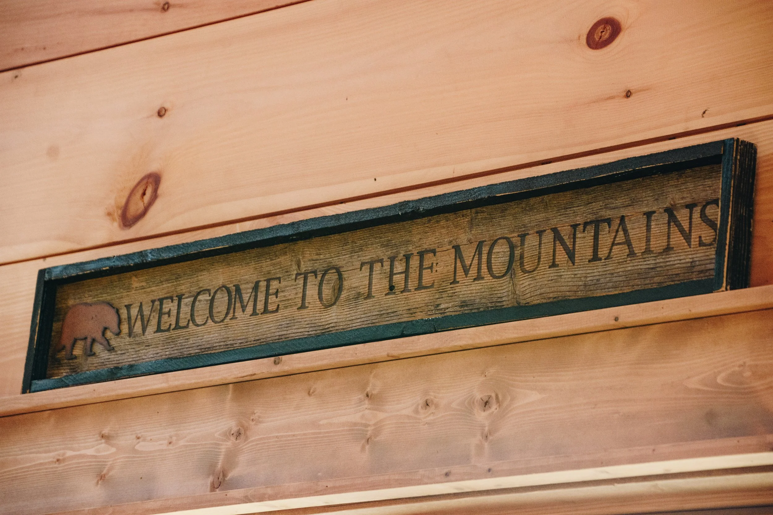 Wooden sign with carved bear and text reading "Welcome to the Mountains" mounted on a wooden wall.