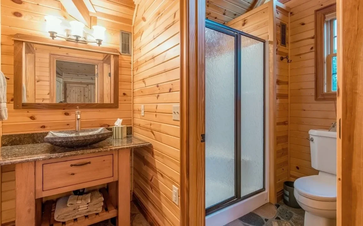 A rustic bathroom with wood-paneled walls, a granite countertop, a vessel sink, a mirror with a wooden frame, a small window, a shower with frosted glass doors, and a toilet.