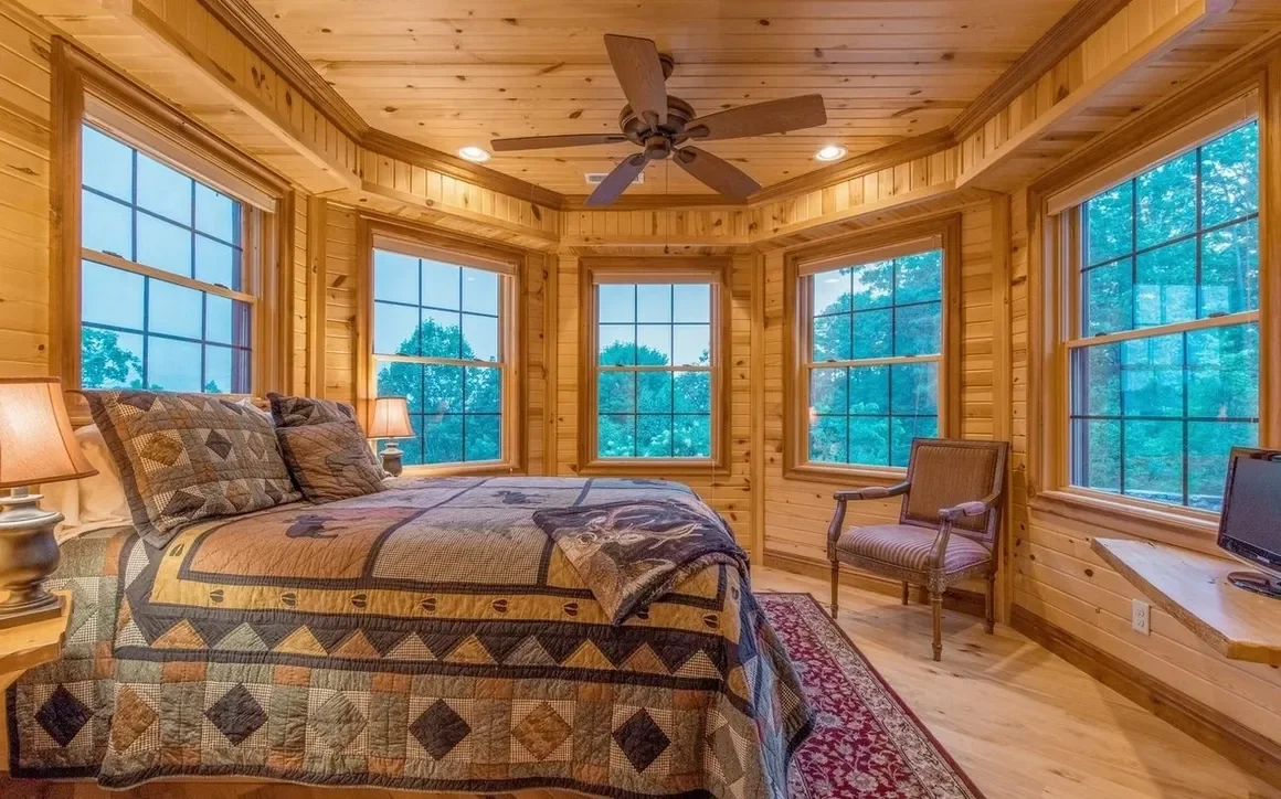 A cozy bedroom with wooden walls and ceiling, large windows showing trees outside, a bed with a quilt and pillows, two lamps, a chair, a small TV, and a rug.
