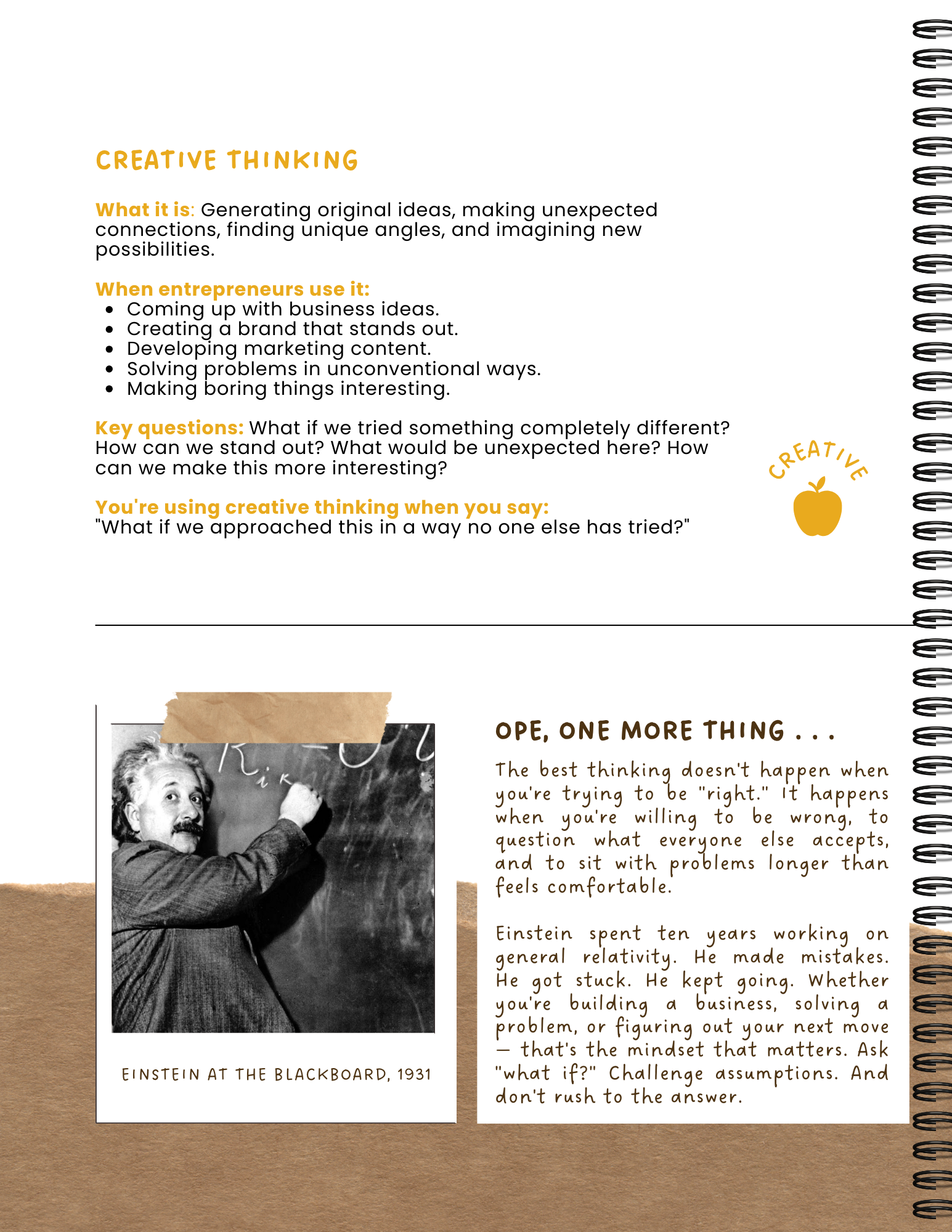 A page from a notebook or journal with sections about creative thinking and a quote with a black-and-white photo of Einstein writing on a blackboard at the bottom.