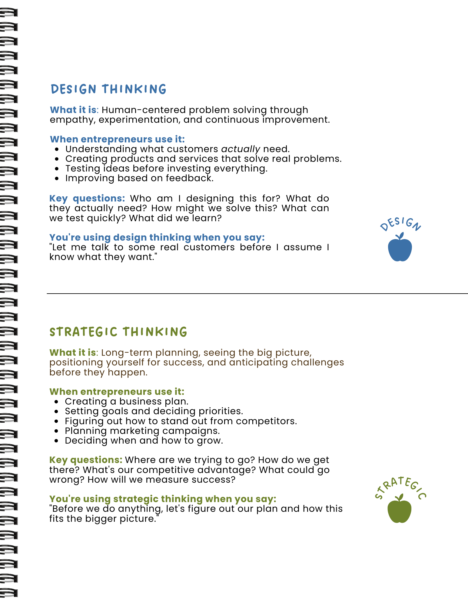 An informational sheet contrasting design thinking and strategic thinking, each with their descriptions, when to use them, key questions, and example quotes. Features colored text and icons representing each type of thinking.