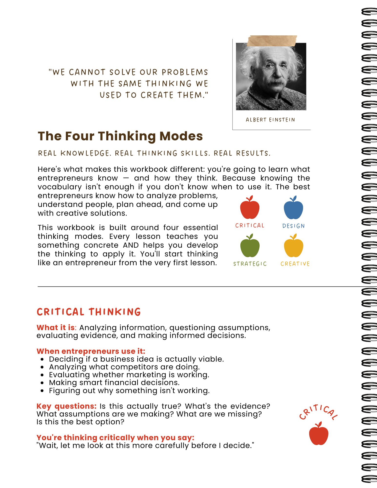 A spiral-bound workbook page features a quote from Albert Einstein, a photo of Einstein, and text explaining the four thinking modes: critical, design, strategic, and creative. The page provides details on critical thinking, including its definition, uses, key questions, and a critical thinking phrase.