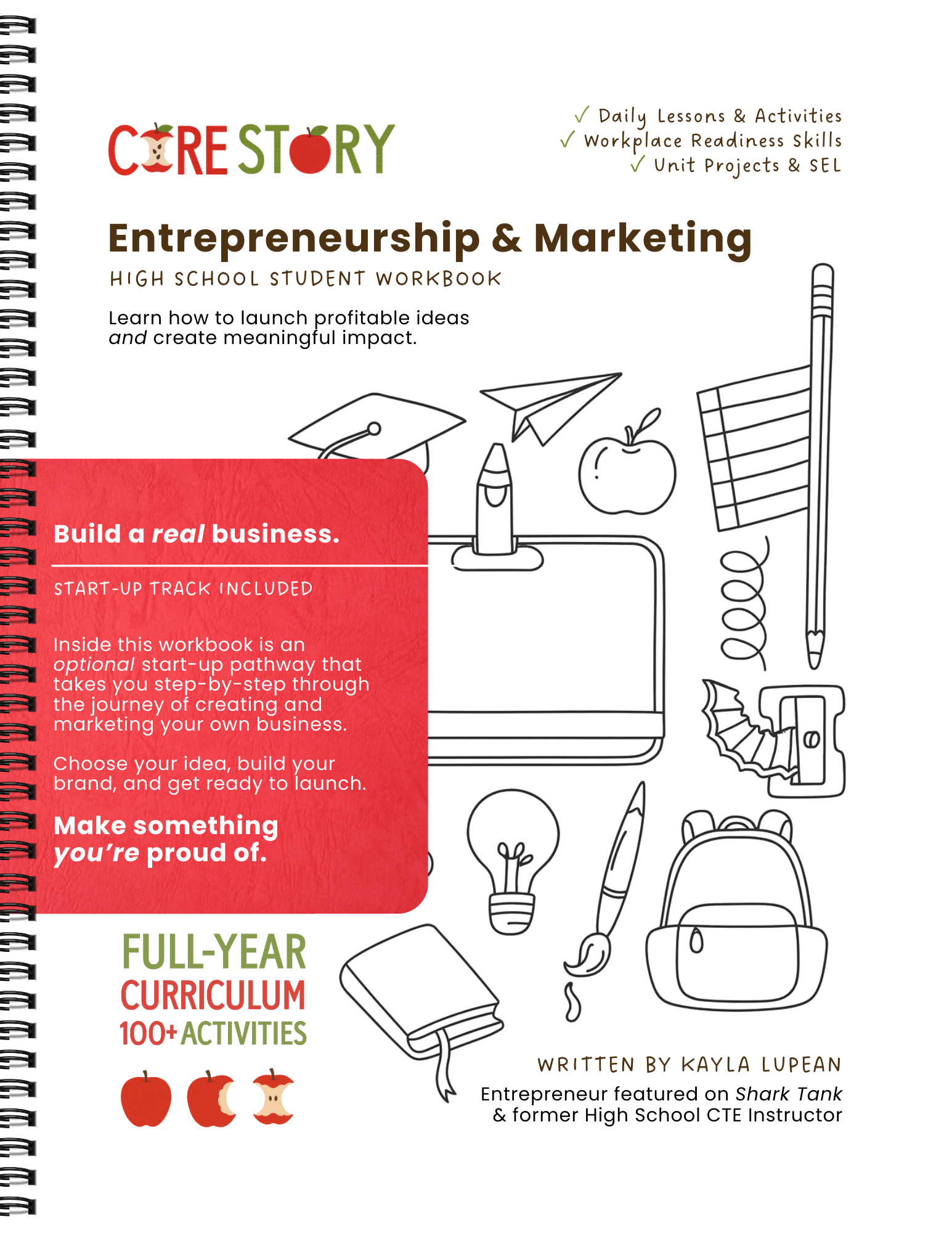 Cover of a high school workbook titled 'Entrepreneurship & Marketing' with illustrations of school supplies and apples