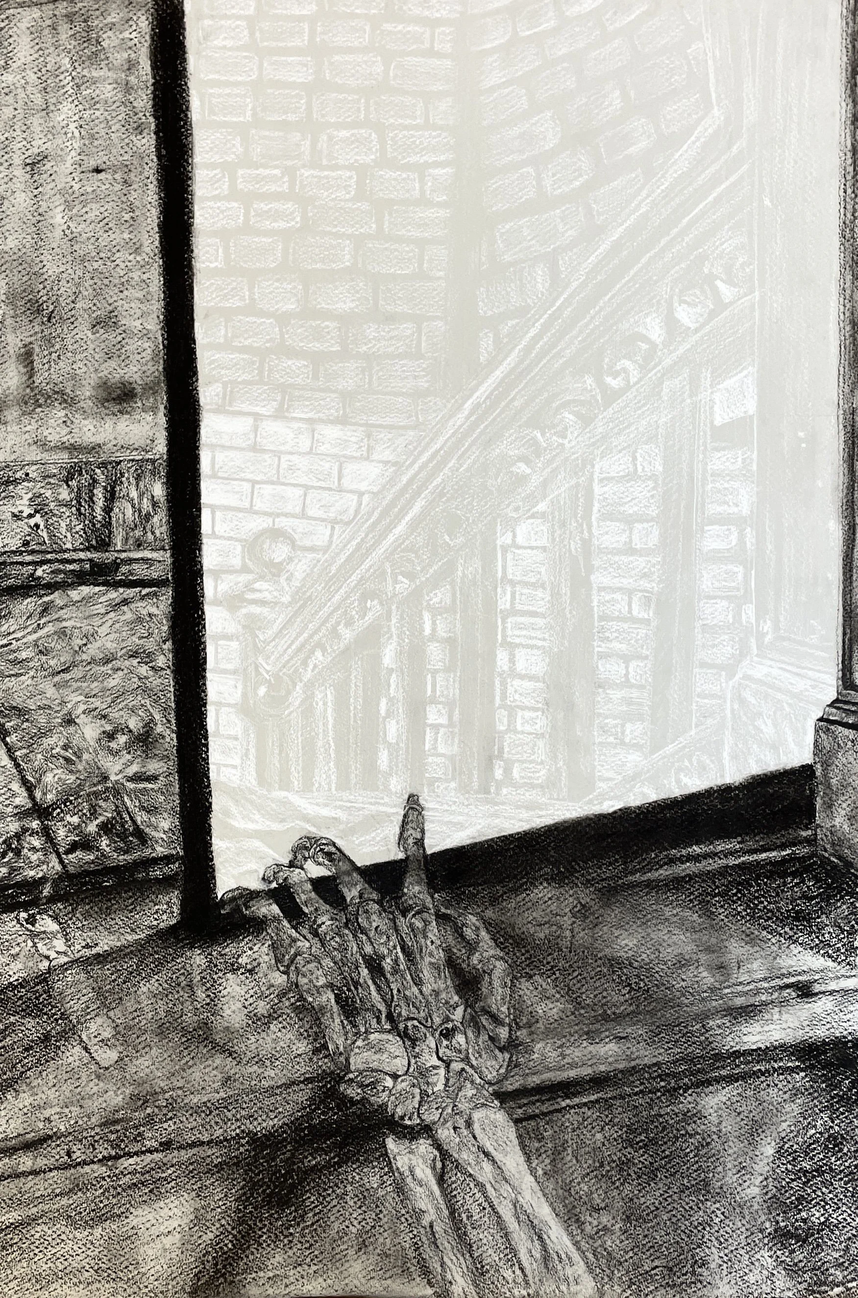 Death's Door (2024) charcoal, white pencil.