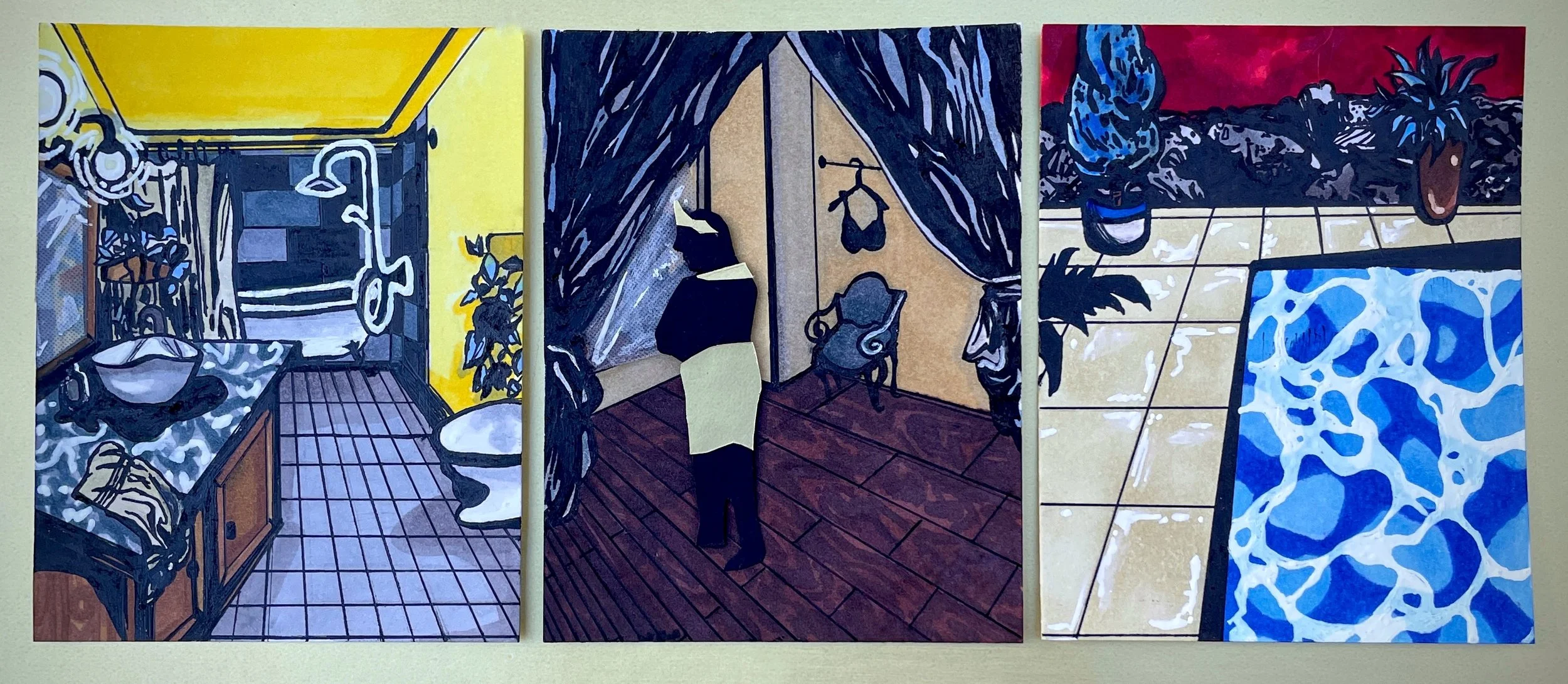 Mirror Tryptic (2023) ink, alcohol marker, collage.