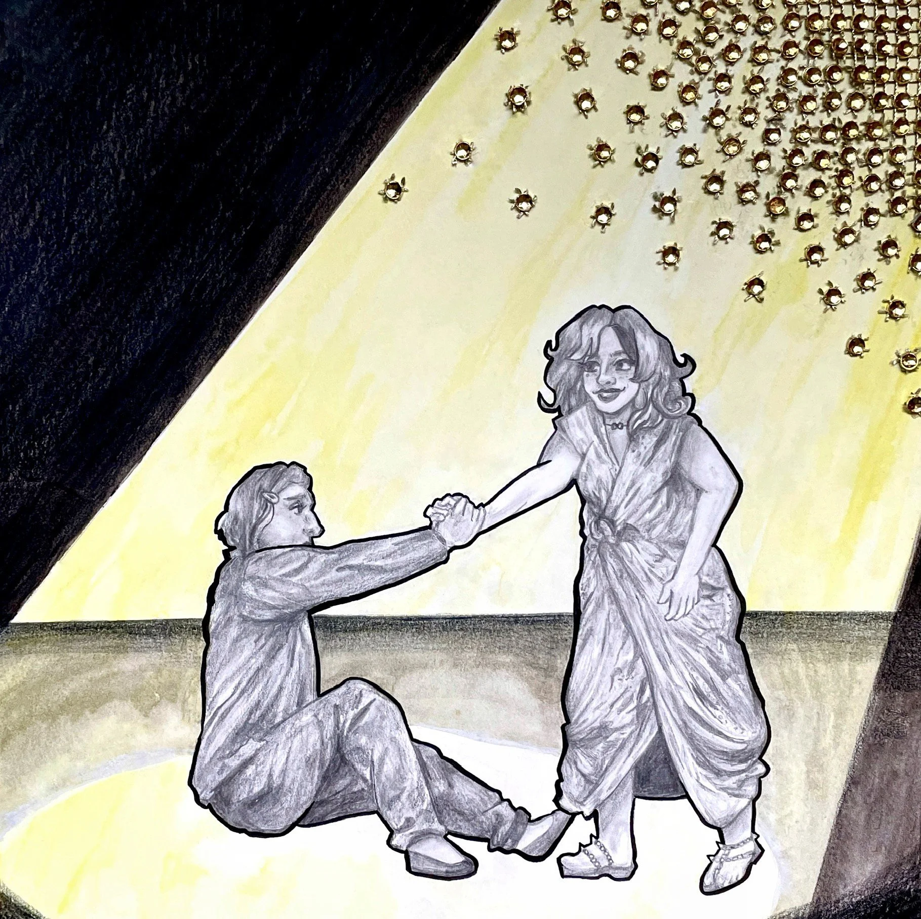 Homecoming (2023) pencil, colored pencil, watercolor, ink, collaged gems.
