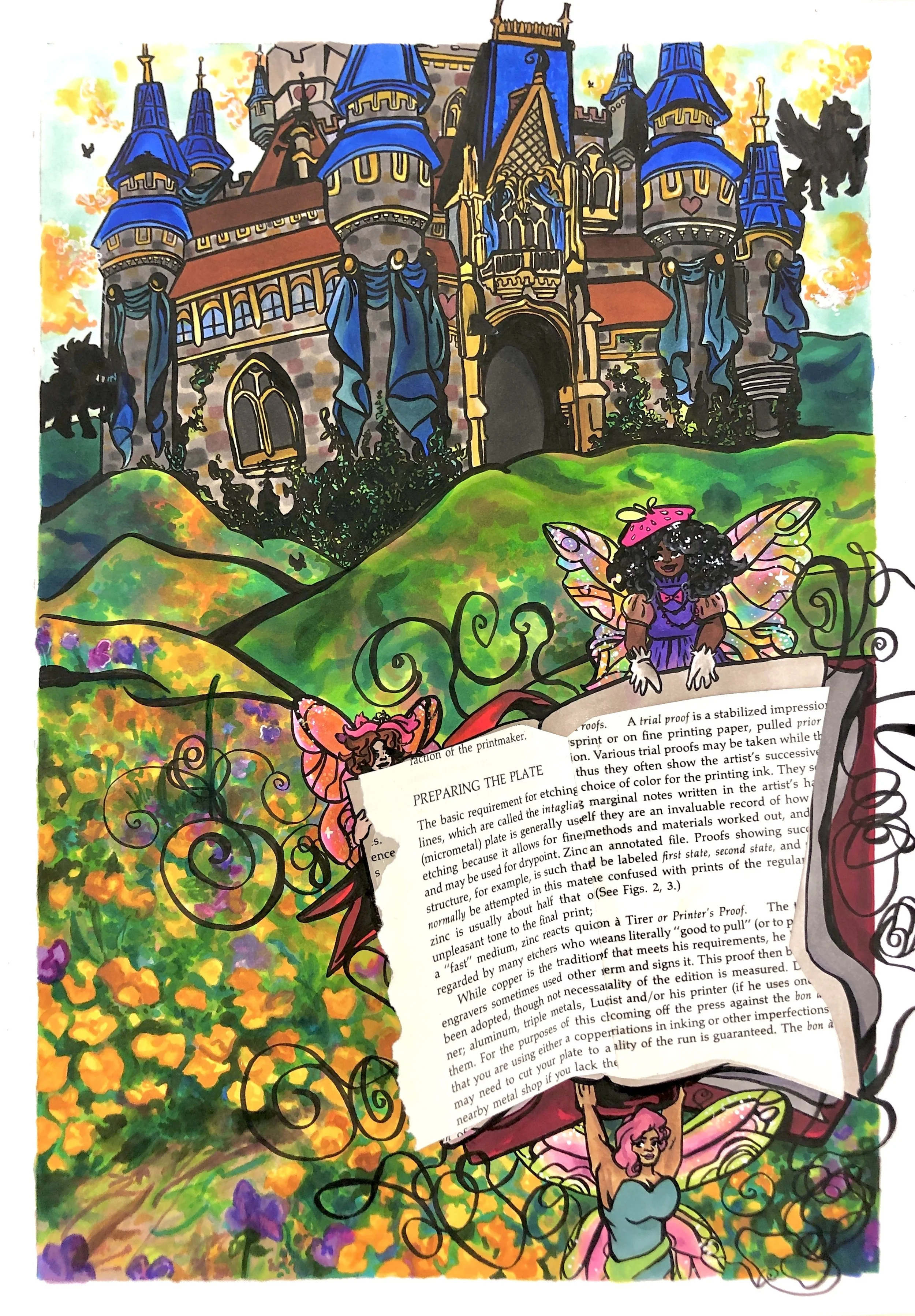 A Storybook Beginning (2022) ink, alcohol marker, collage.