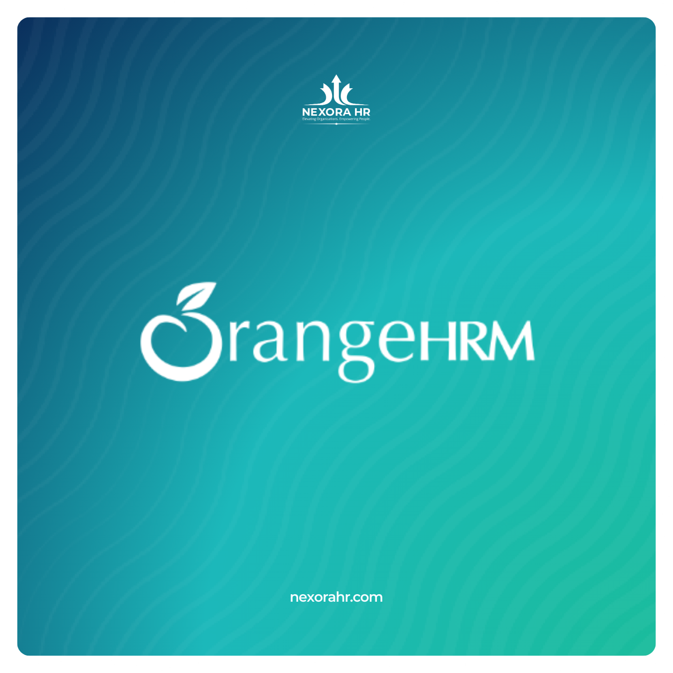 Cover page for OrangeHRM with a blue gradient background, a logo at the top, the company's name in stylized text with an orange icon, and the website URL at the bottom.