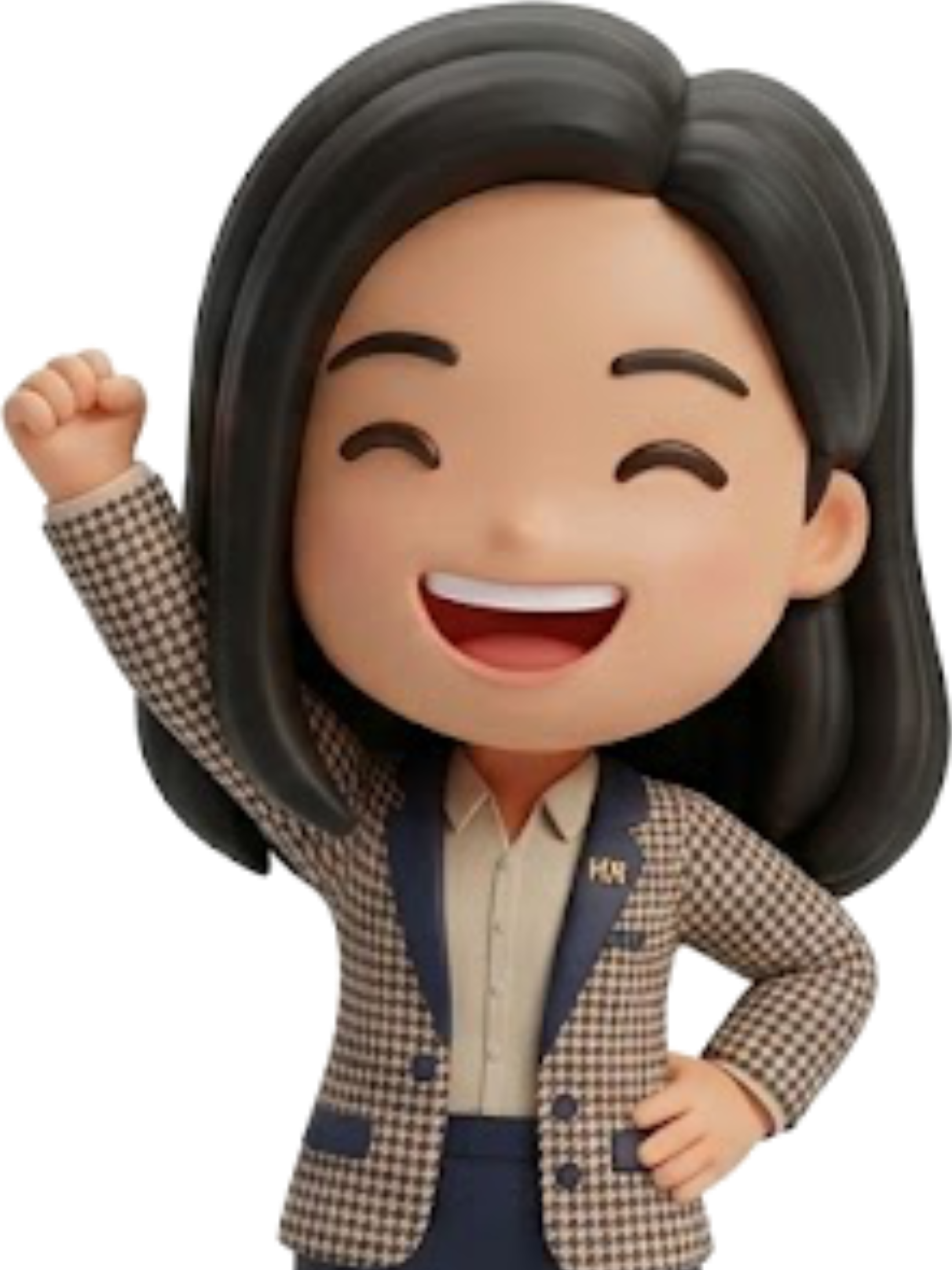 Animated woman with black hair, smiling, raising her right hand in a fist, wearing a plaid blazer and cream shirt.