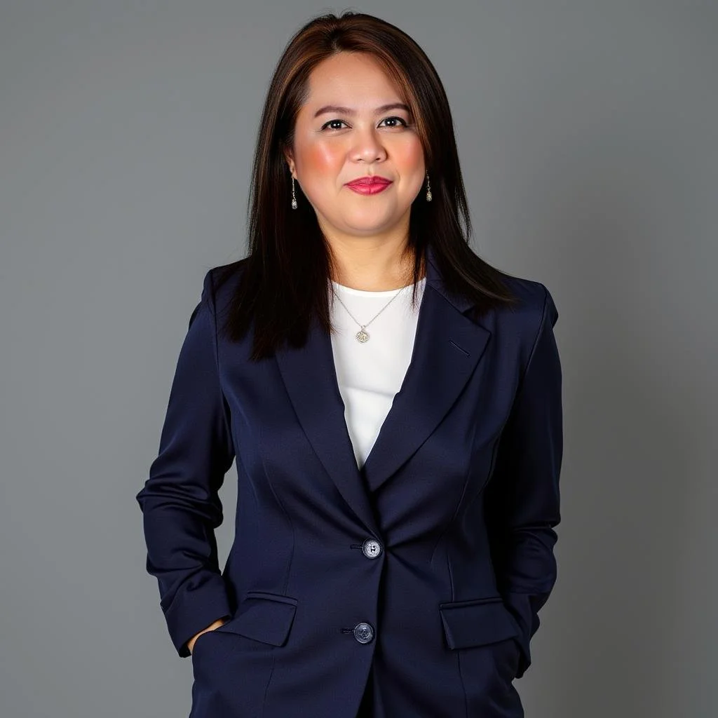 A woman with shoulder-length dark hair and light skin, wearing a navy blazer, a white top, and jewelry, standing against a plain gray background.