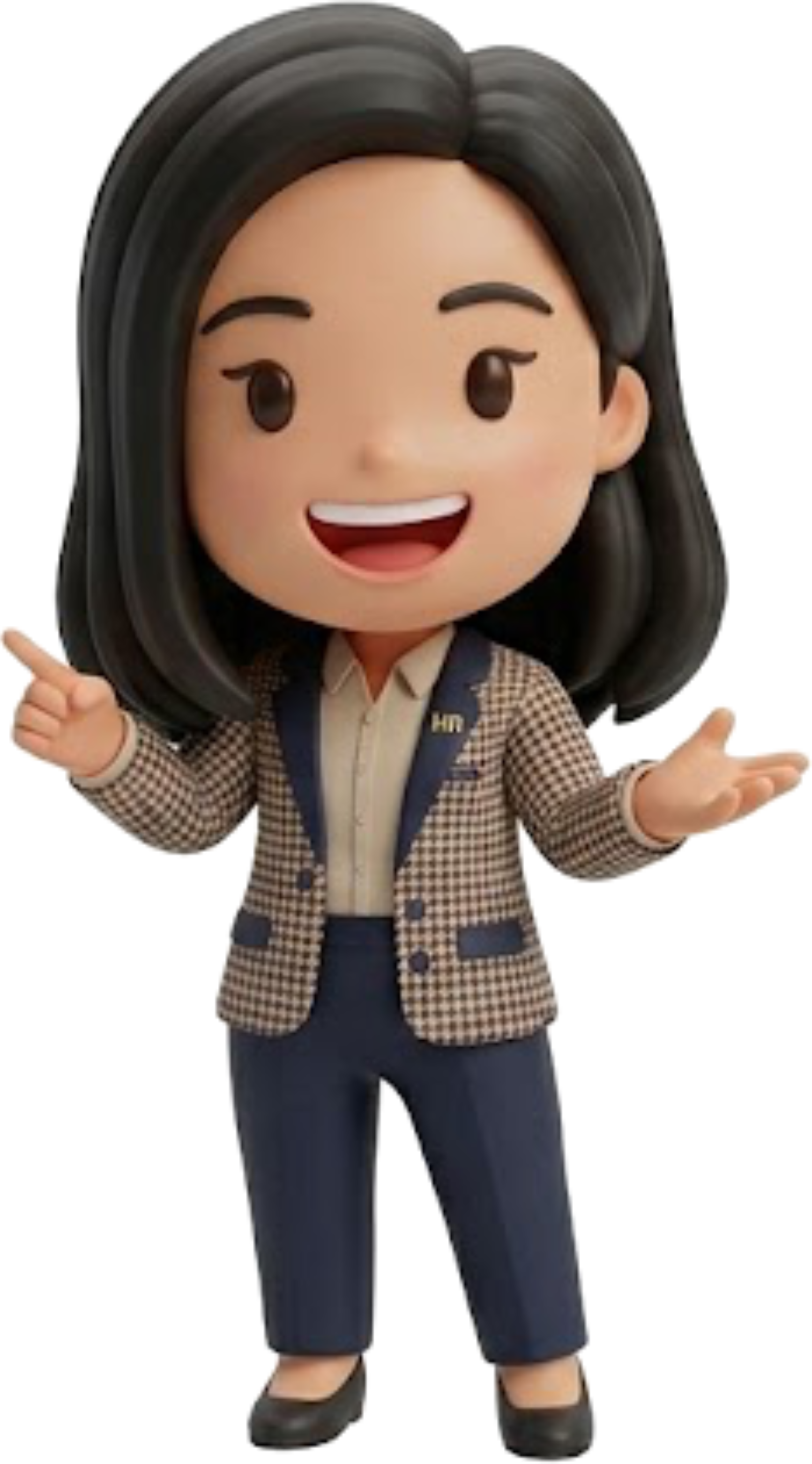 A cartoon woman with black hair in a suit and blazer, smiling and pointing