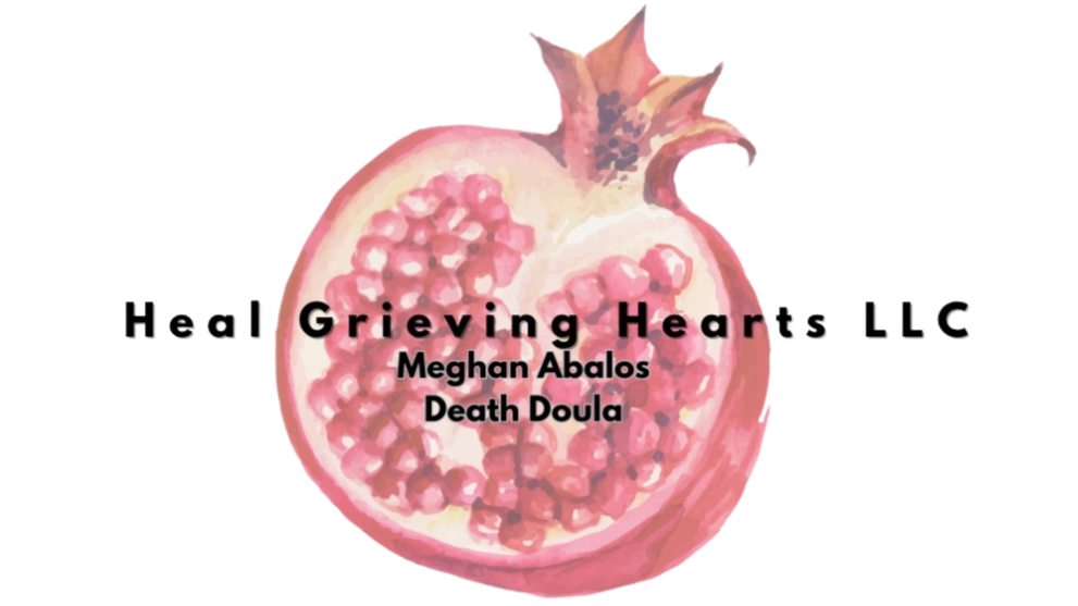 A digital logo featuring a pomegranate with seeds visible, with text overlaid that reads 'Heal Grieving Hearts LLC,' 'Meghan Abalos,' and 'Death Doula.'