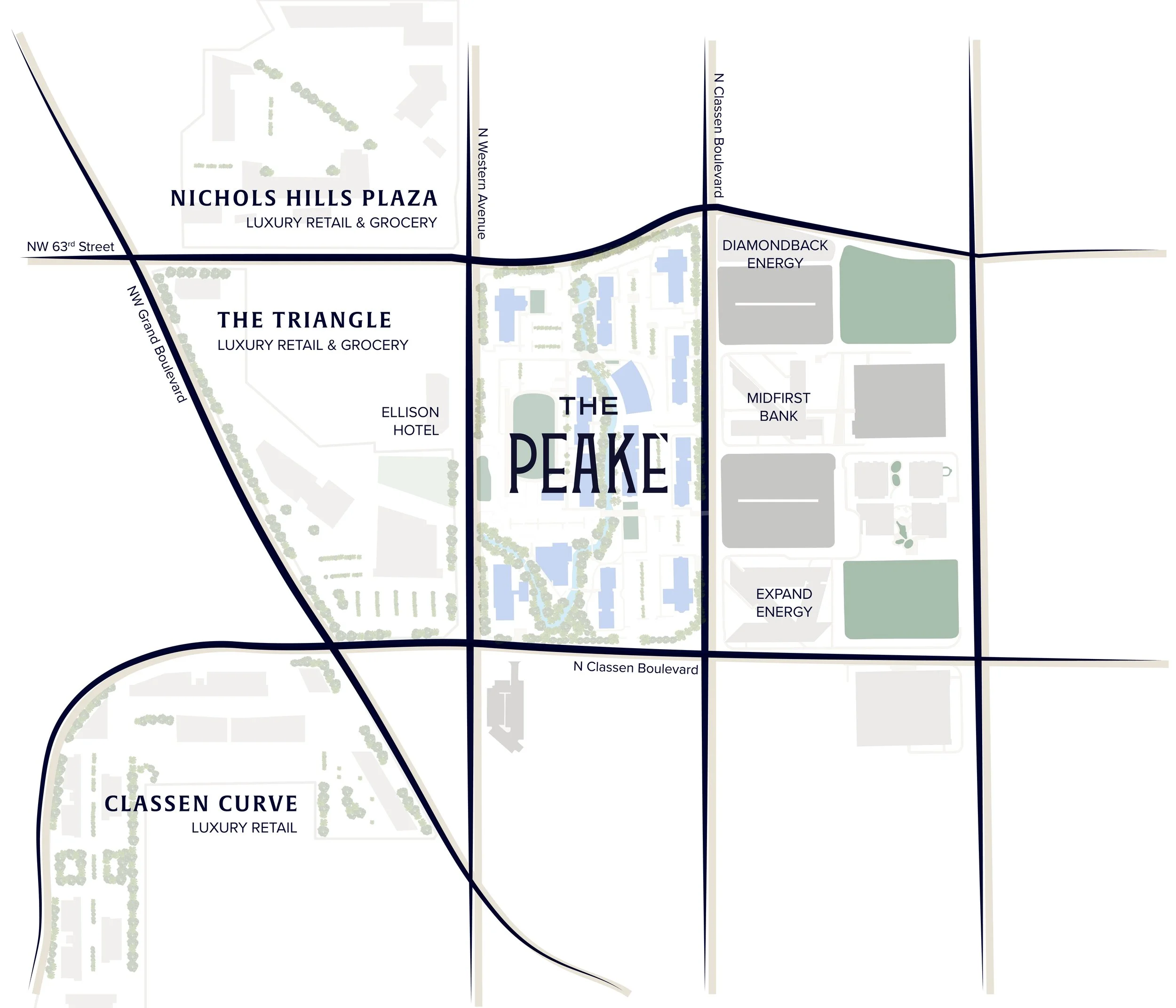 Map showing the layout of Nichols Hills Plaza, The Triangle, and surrounding streets including NW 63rd Street, NW Grand Boulevard, N Western Avenue, N Classen Boulevard, and N Casslen Boulevard, with areas labeled for luxury retail, grocery stores, energy companies, hotels, and additional expansion.