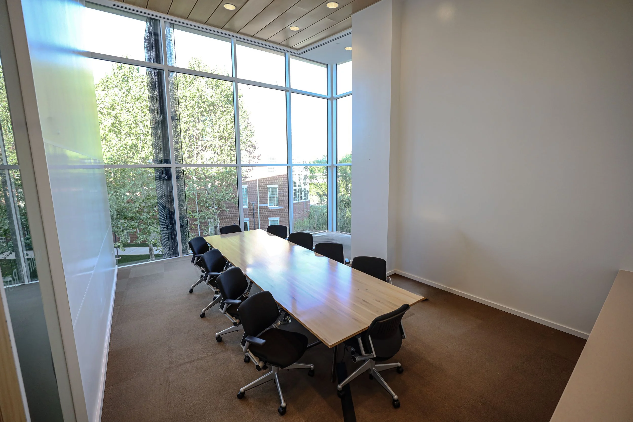 Modern conference room with a long wooden table surrounded by black office chairs. Large floor-to-ceiling windows let in natural light and offer a view of trees and brick buildings outside. The ceiling has modern recessed lighting.