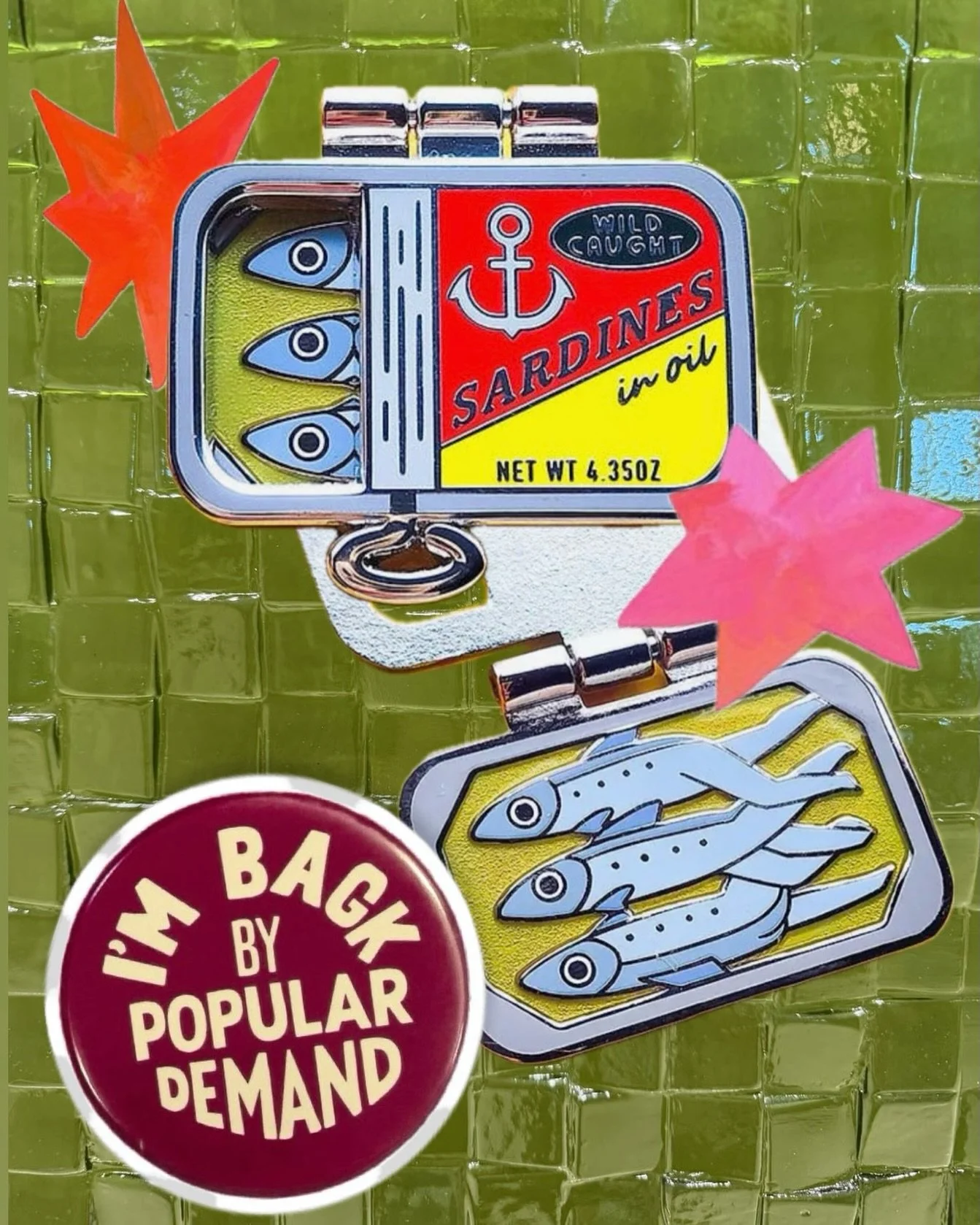 ✨BACK IN STOCK✨ 
everyone&rsquo;s favorite sardine pin is back! Grab yours before they sell out again! 🎣