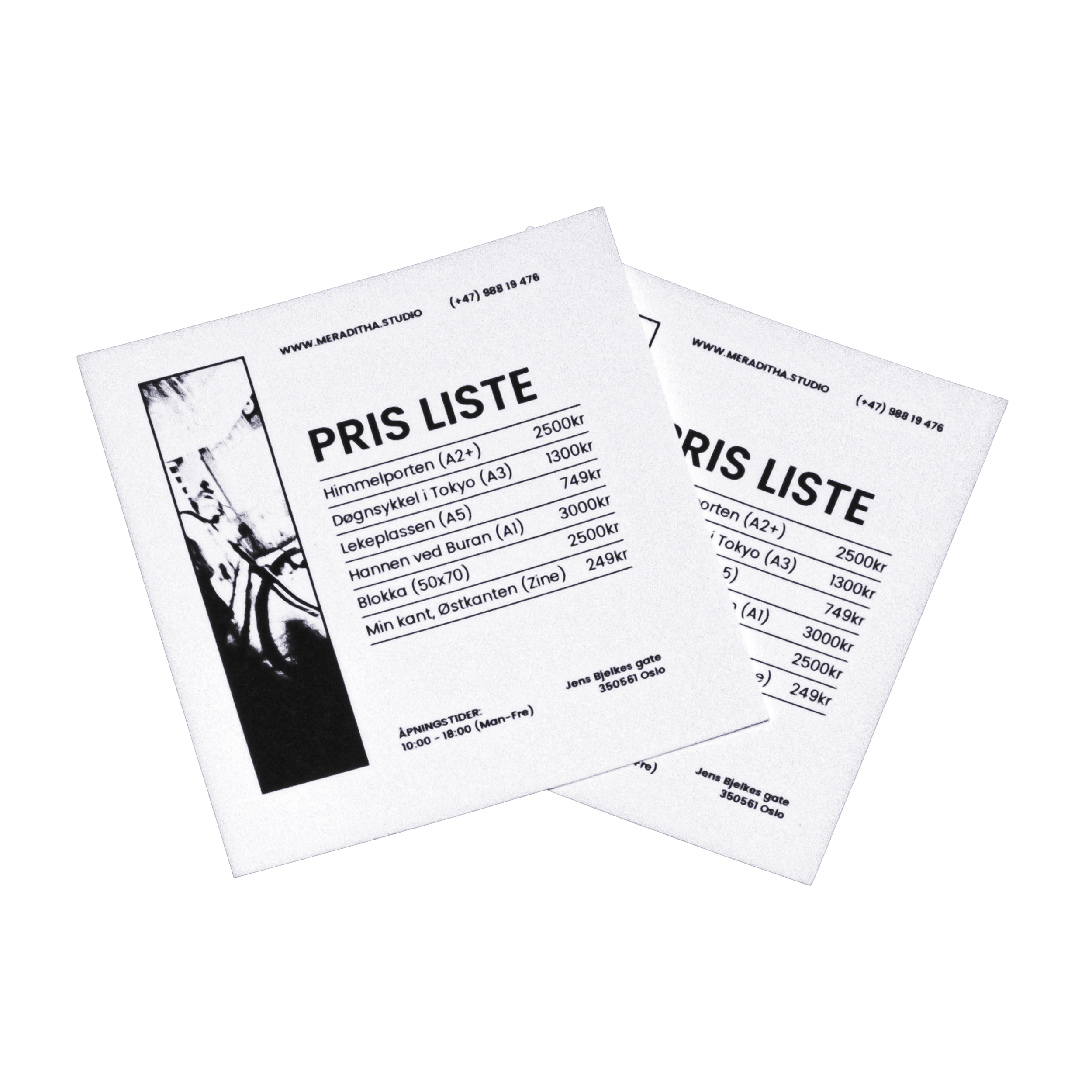 To svart-hviteprislister med tekst og en liten del av et bilde på venstre side av en person på sykkel.