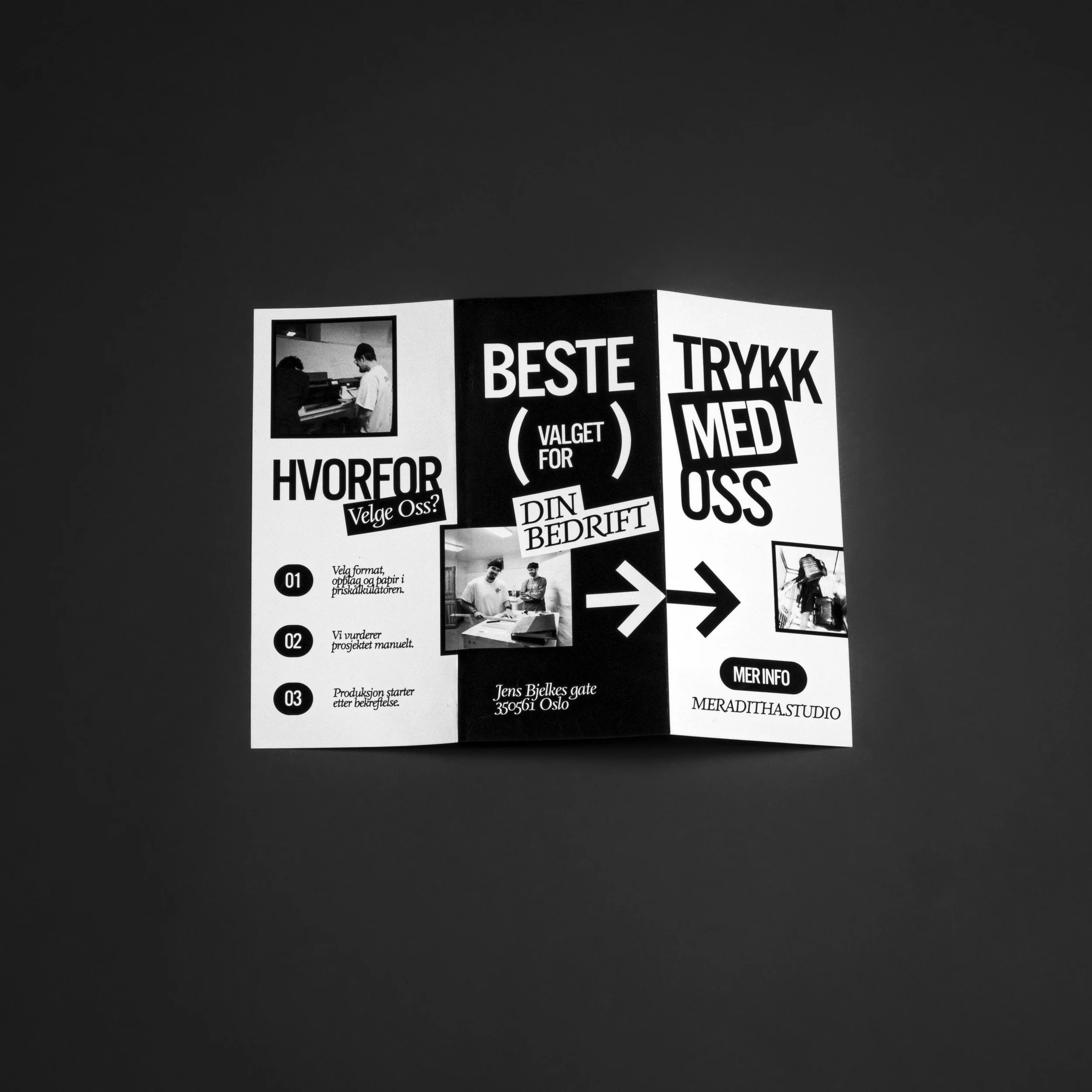 Flyer med informasjon om valg av bedrift, inkludert vurderingskriterier og kontaktinformasjon, i svart-hvitt.