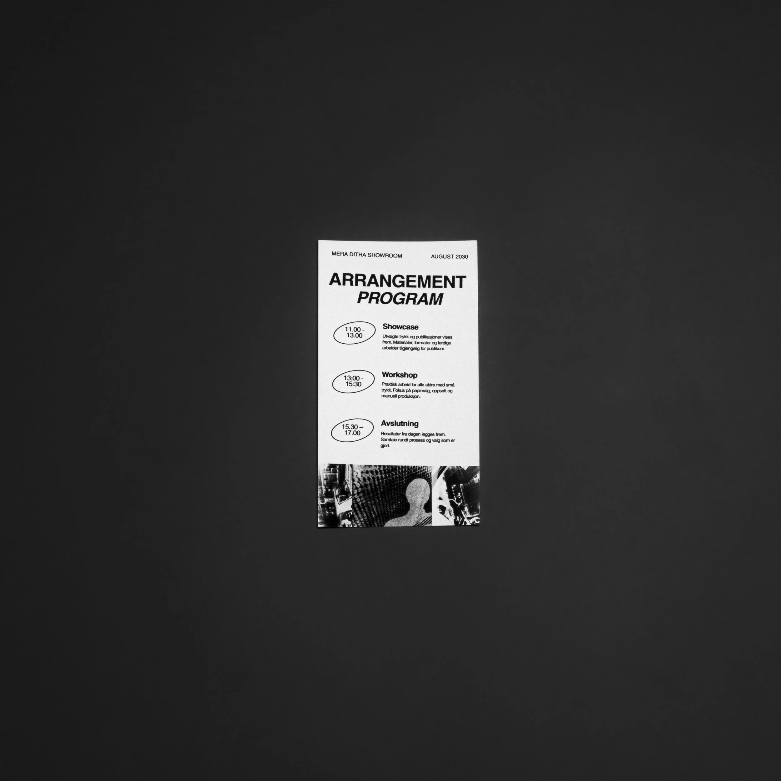 Programoversikt for et arrangement med tidspunkter og aktiviteter, inkludert showcase, workshop og avslutning, med svart og hvitt bilde av en lagret skjerm eller et plansjefoto i bunnen.