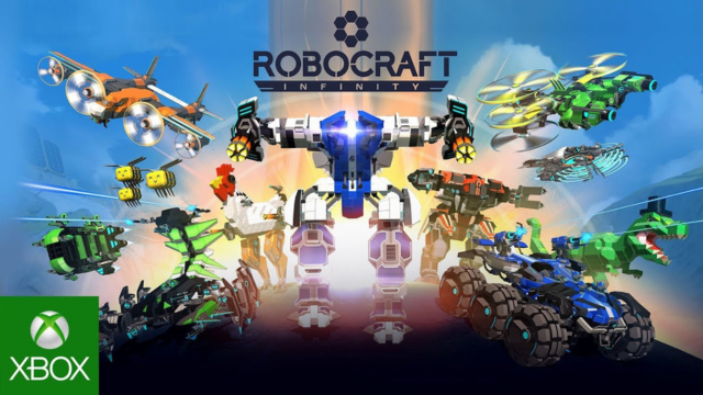 Artwork from the game RoboCraft Infinity featuring various robotic vehicles and flying machines in a sci-fi setting, with the game's logo at the top. Xbox logo in the bottom left corner.