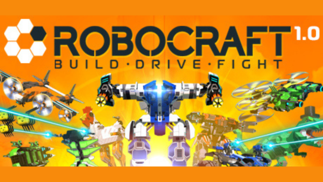 Cover art for Robocraft 1.0 featuring various robotic vehicles and drones against an orange background with the title and tagline 'Build Drive Fight'.