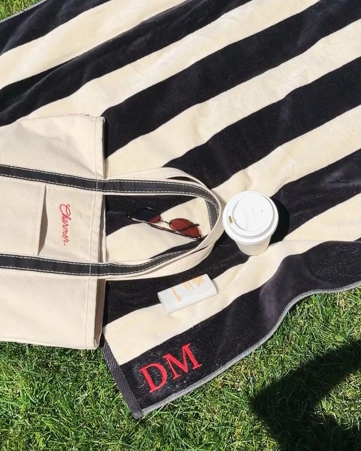 your summer essential consist of: 
&bull; Daily Charmer Tote
&bull; Personalized Towel - stripes or fish
&bull; Sunscreen, coffee, &amp; glasses

Order here or in our bio 🐟🍓

https://forms.gle/HYqk3UHn5X9wV1u87 

#personalized #towel #embroidery #s