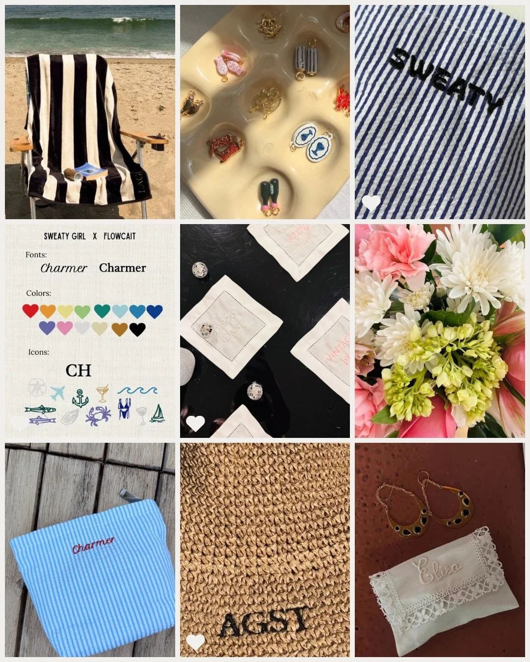 recently❣️

personalized towels only 

new charms are unreal 💌

sweaty girl personalized mini makeup bag 💧

example of embroidery options for an event 🪡

embroidered cocktail napkins for our fam 💌

fresh flowers needed weekly !

fav current color