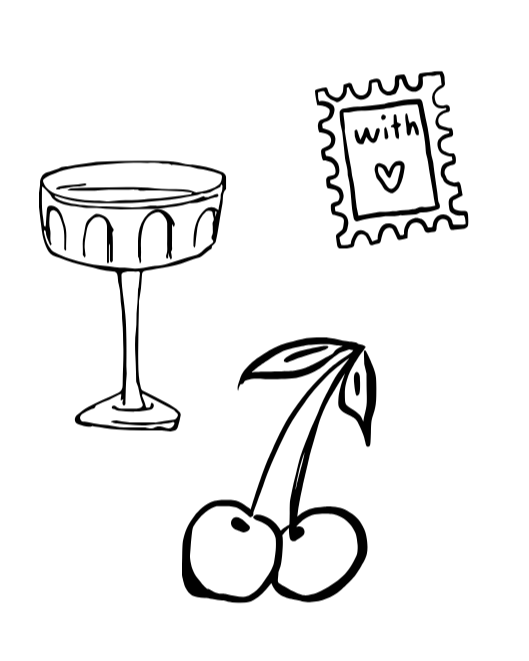 Illustration of a cocktail glass, cherries, and a love letter stamp.