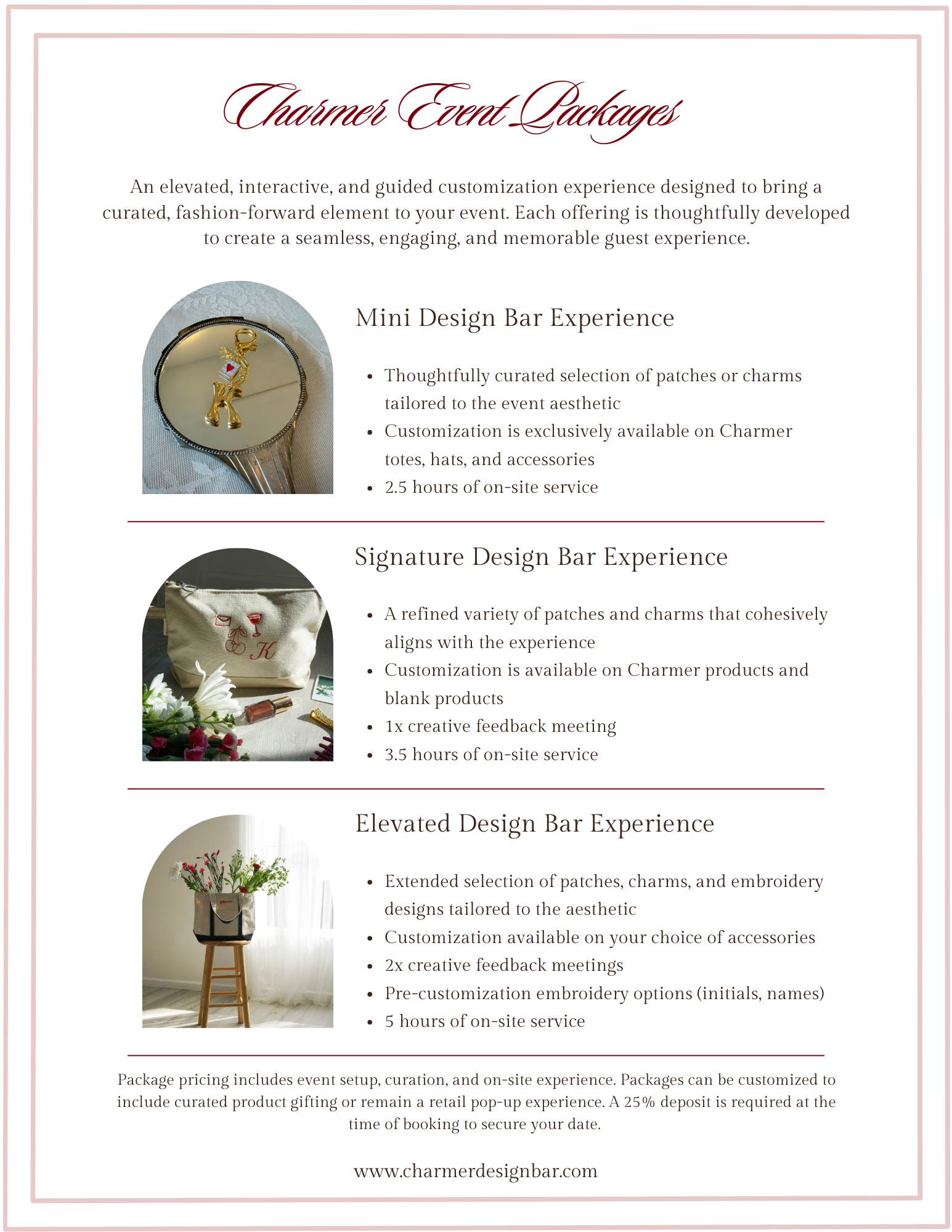 A promotional flyer for Charmer Event Packages, featuring descriptions and images of three design bar experience options, including a mini design bar, signature design bar, and elevated design bar.