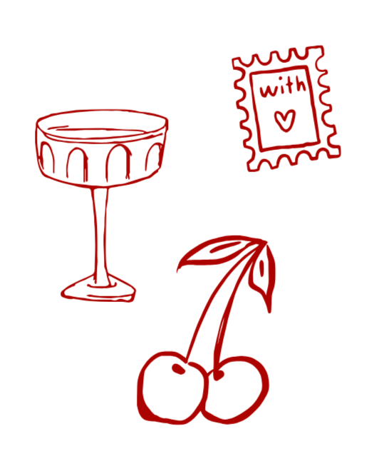 Line drawing of a cocktail glass, cherries with leaves, and a love note with the word 'with' and a heart.