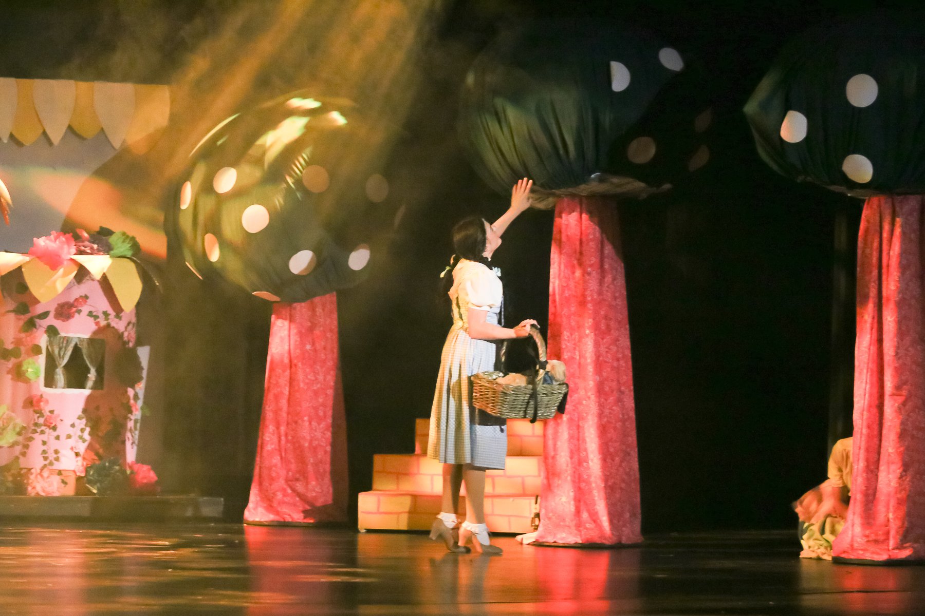 A stage scene with a woman in a yellow checkered dress and a girl in a grey outfit, both facing the stage backdrop, which features colorful scenery including pink flowers and red curtains. The woman is holding a basket, and the girl appears to be rea