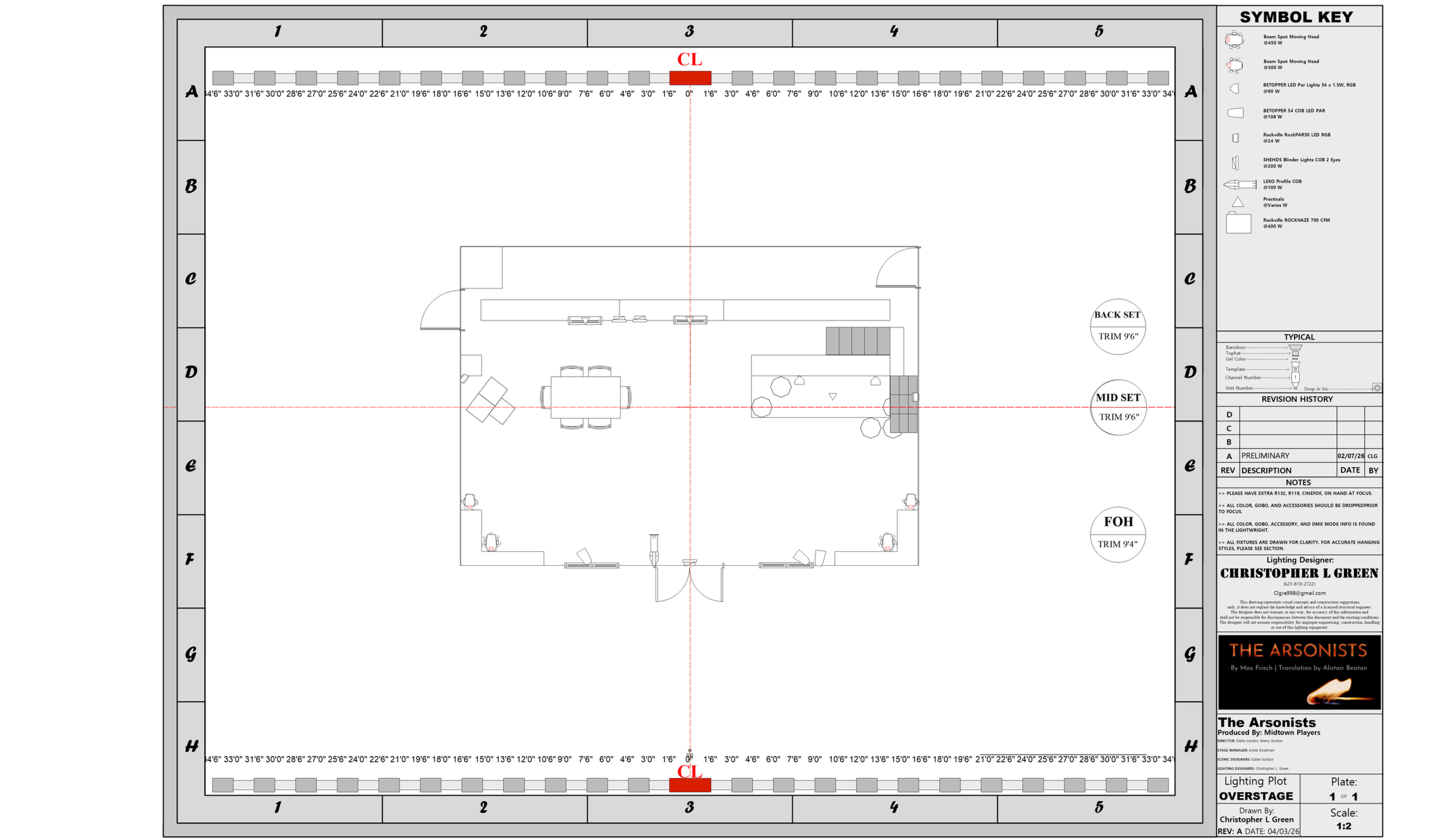 Floor plan layout of a building with grid lines labeled A to H vertically and 1 to 5 horizontally, including a symbol key with lighting equipment, a conference table room in the center, and annotations for lighting design.