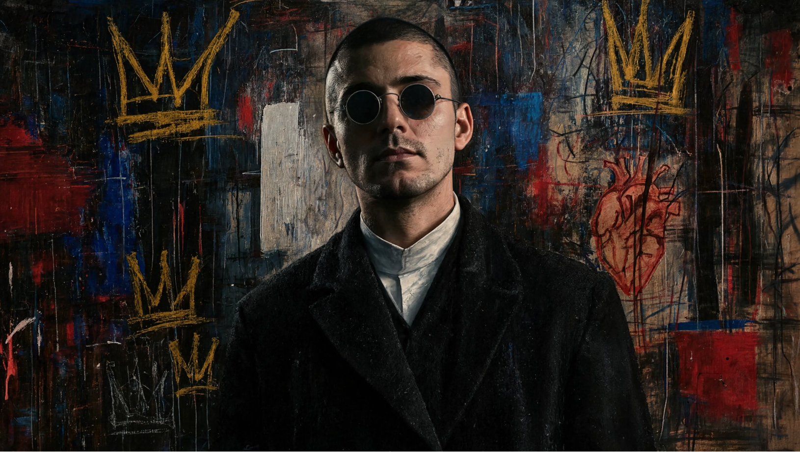 Robert Junqueira with short dark hair wearing round black sunglasses, a white collared shirt, and a black coat stands in front of a dark, graffiti-like wall with yellow crown drawings and a red anatomical heart outline.