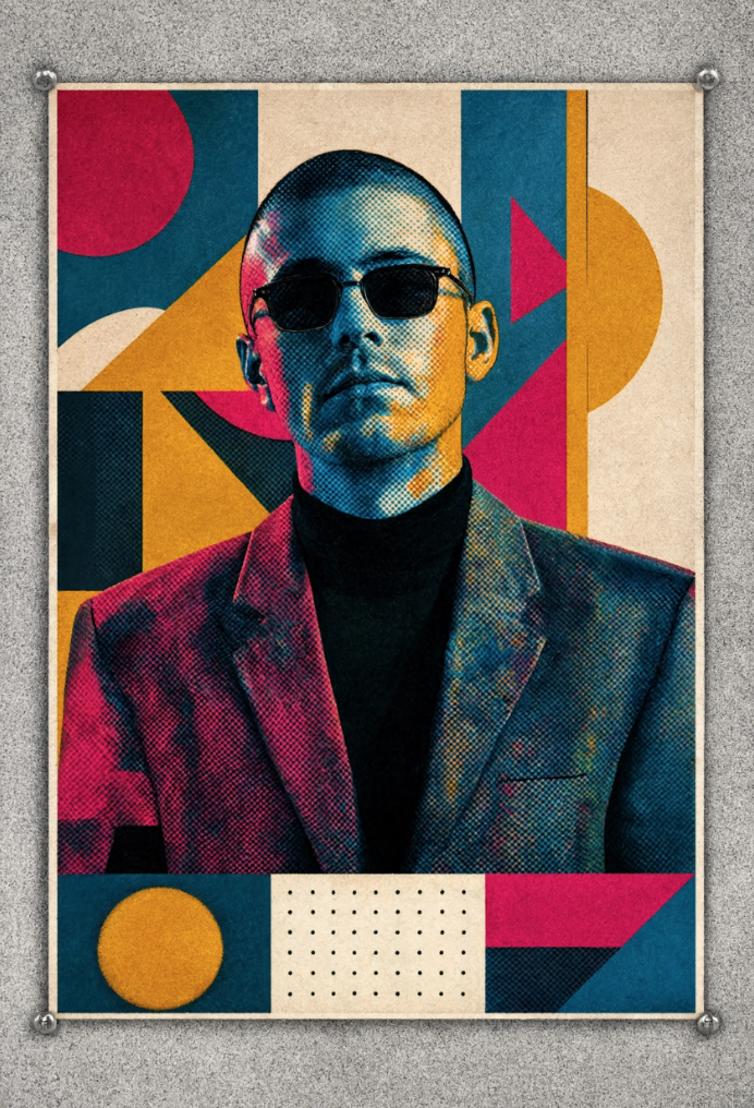 Portrait of Robert Junqueira wearing sunglasses and a dark turtleneck, dressed in a colorful blazer, with an abstract geometric art background in bright pink, yellow, blue, and cream colors.