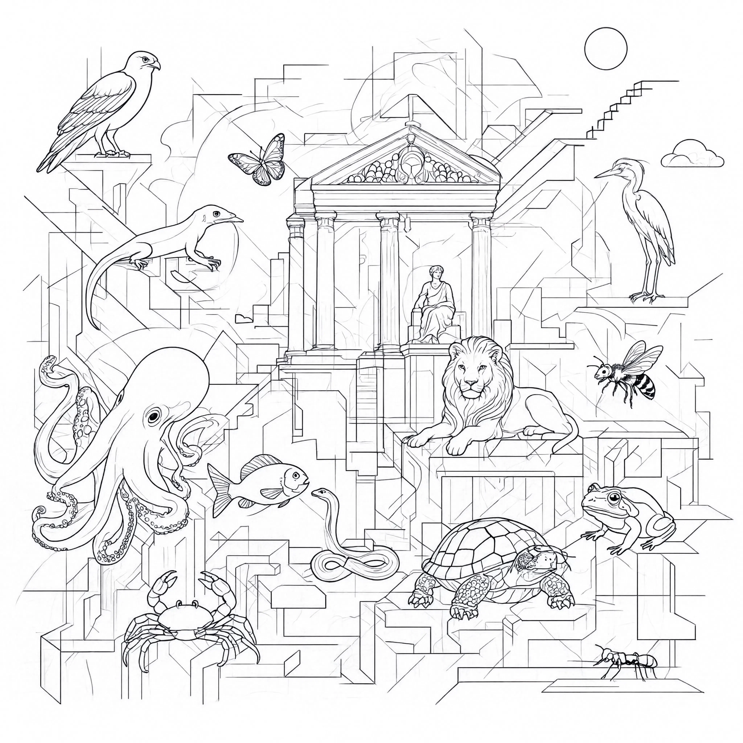 Line drawing of various animals including a hawk, butterfly, horse, lion, frog, octopus, and bee, along with architectural structures and a person seated on a chair.