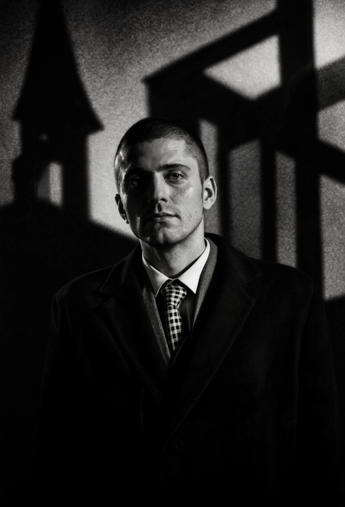 A black and white portrait of Robert Junqueira with short hair, wearing a suit and tie, standing against a shadowy background that includes silhouette of buildings or structures.