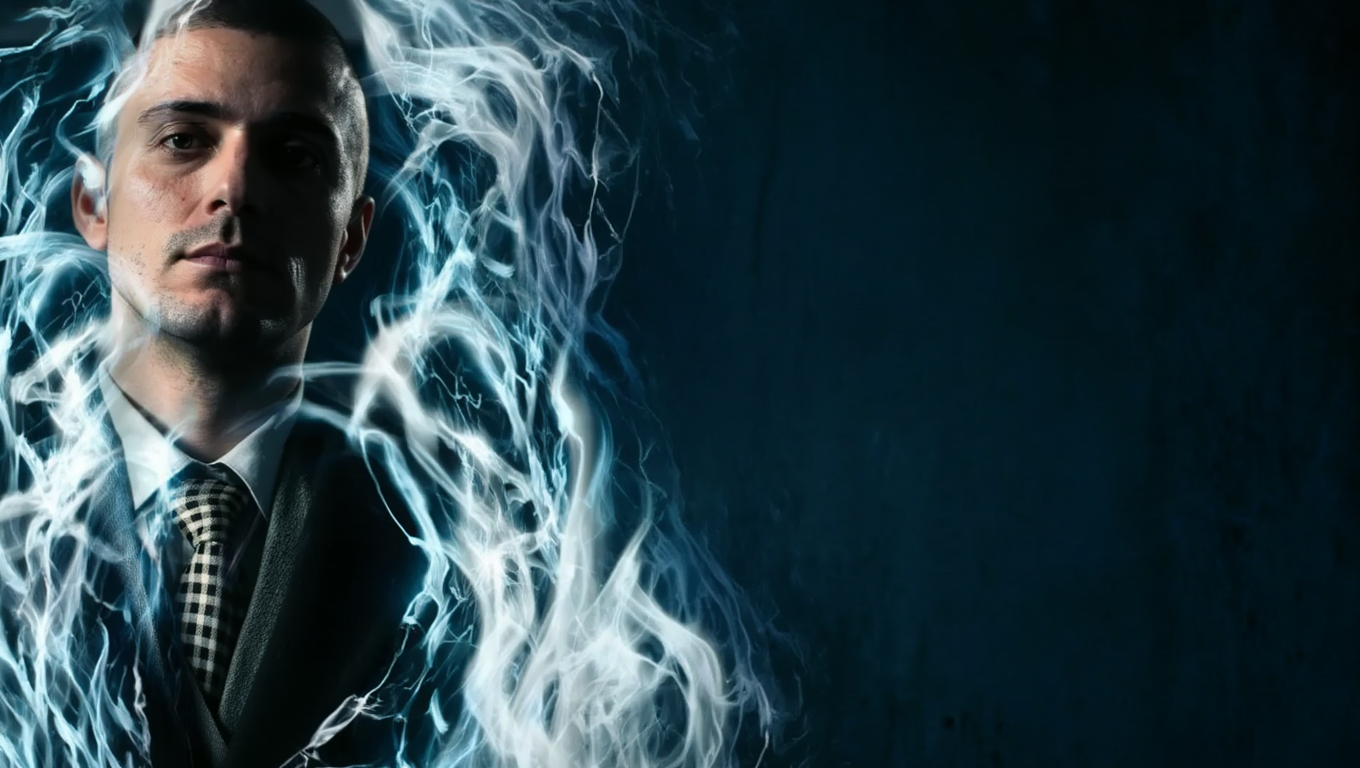 Robert Junqueira in a suit surrounded by blue and white lightning effects against a dark background.