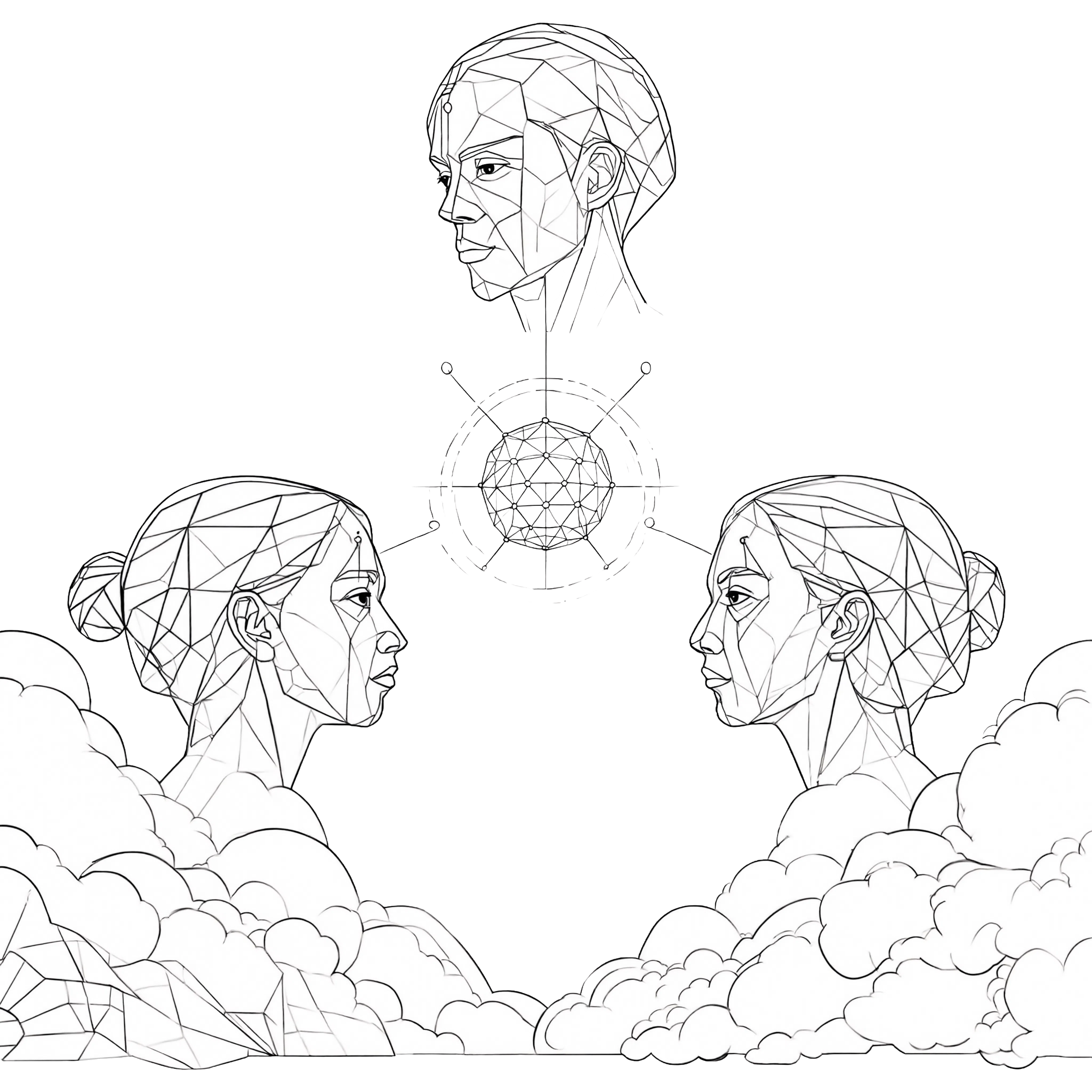 Digital drawing of a woman’s head in profile with geometric facial features and shoulder, surrounded by clouds, and a futuristic structure beneath her head connecting to a geometric sphere.
