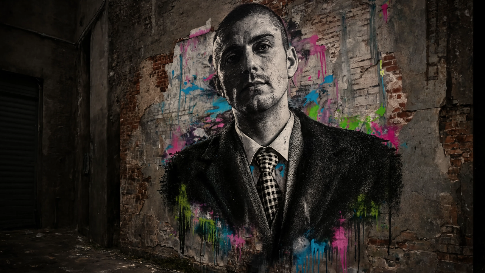 Street art mural of Robert Junqueira in a suit with a checkered tie, painted on a brick wall with colorful paint splatters behind him.