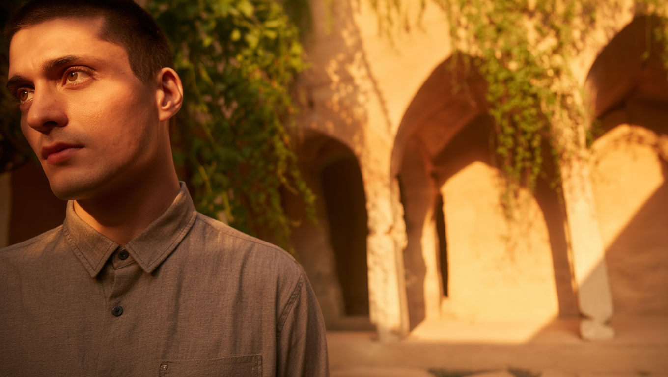 Robert Junqueira looks to the side, standing outdoors near an ancient stone archway with vines and greenery, under warm sunlight.