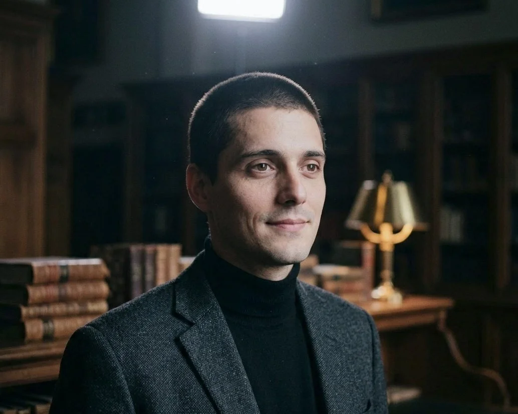Robert Junqueira in a dark gray blazer and black turtleneck sitting in a library with wooden shelves, books, and a table lamp in the background.