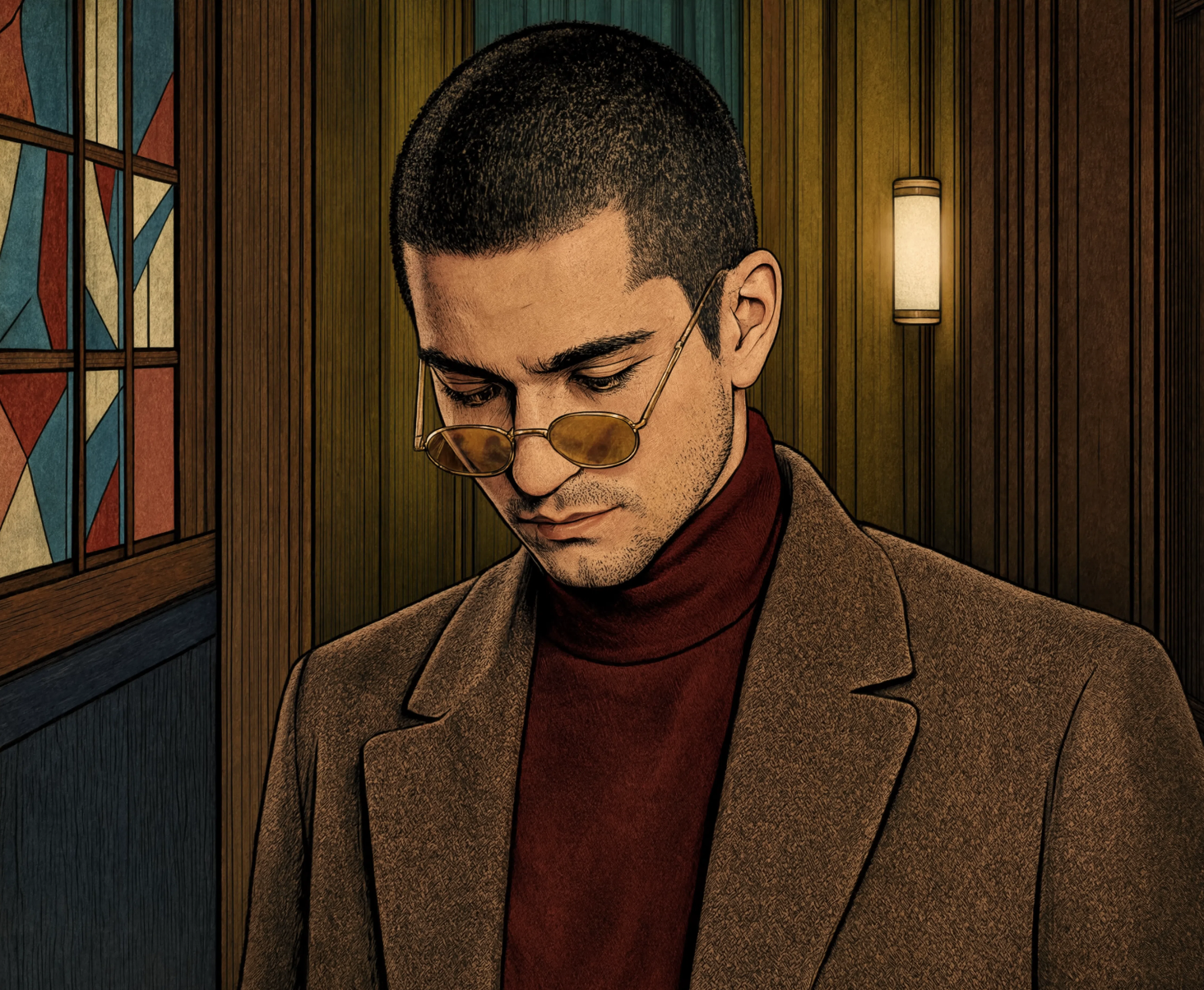 Robert Junqueira with short dark hair, wearing round yellow-tinted glasses, a brown suit jacket, and a maroon turtleneck, looking down indoors with wooden panel walls and a stained glass window in the background.