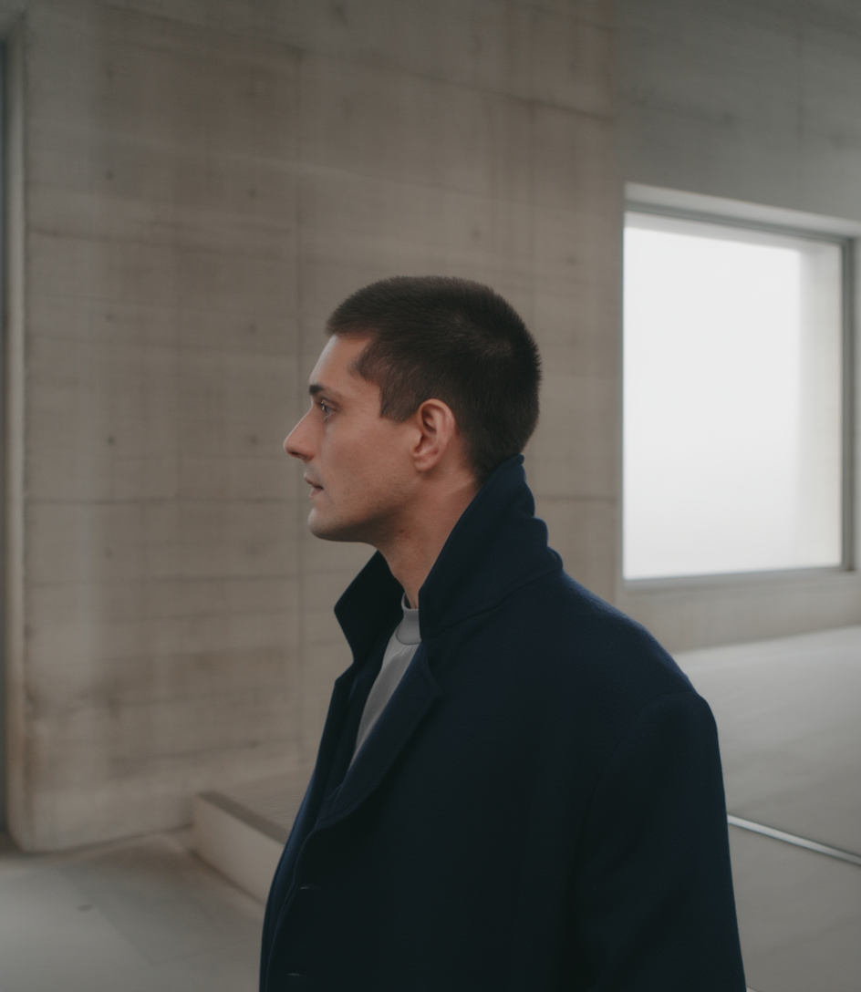 Side profile of a man in a dark coat in an industrial-style interior with concrete walls and a window.
