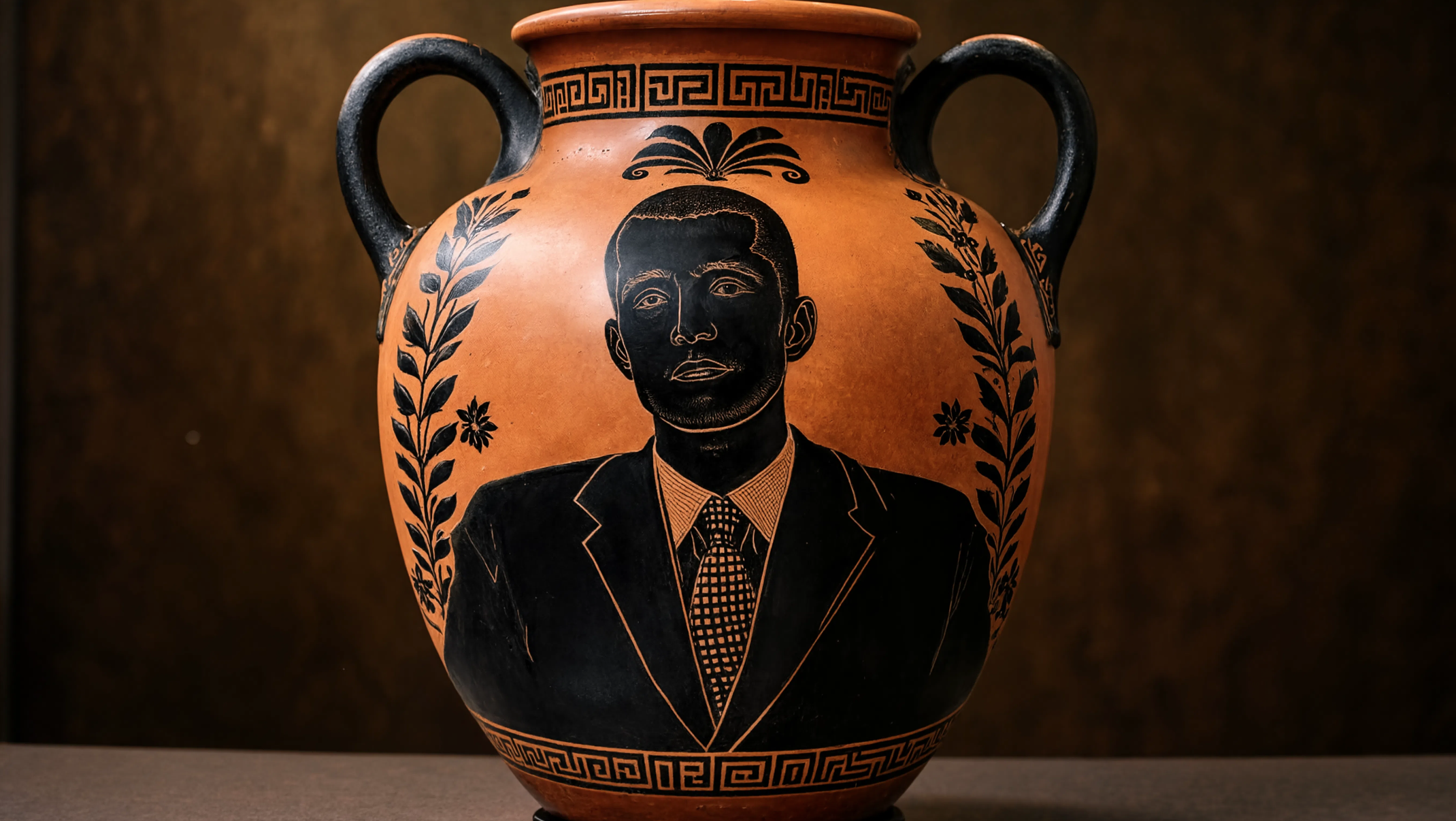 Ancient Greek-style terracotta vase with a black figure portrait of Robert Junqueira in a suit, surrounded by decorative foliage and Greek key patterns.
