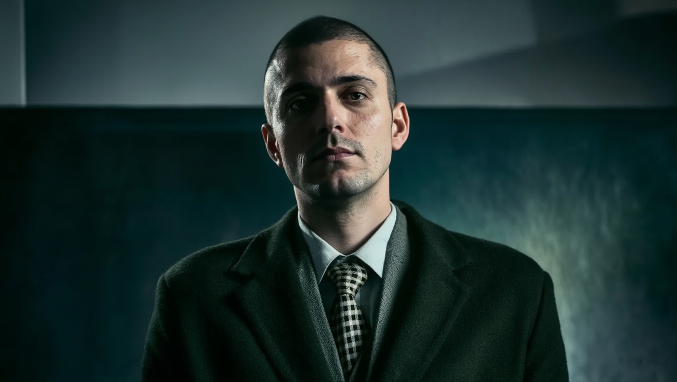 Robert Junqueira with a serious expression, wearing a dark suit, white shirt, and patterned tie, standing in front of a dark background.