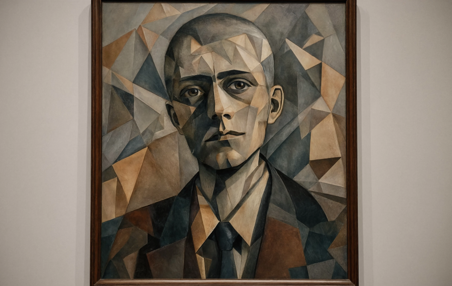 A geometric style portrait of Robert Junqueira with light skin, short hair, dressed in a suit and tie, painted with angular shapes and muted colors.