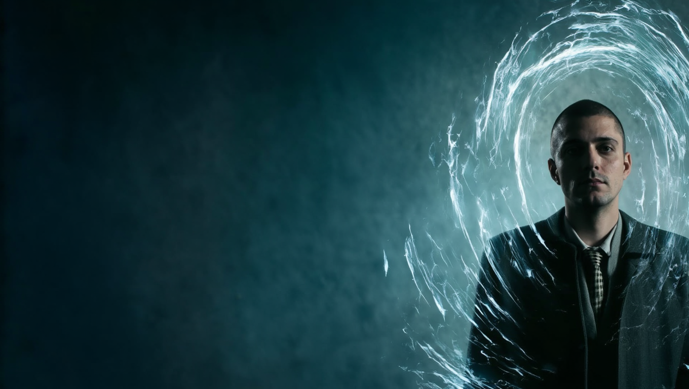 Robert Junqueira in a suit and tie stands in front of a glowing, swirling light tunnel effect on a dark background.