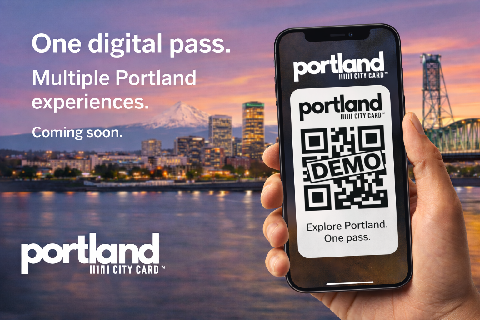 A promotional image for Portland city experiences featuring a person holding a smartphone displaying a digital Portland city card with a QR code and the word DEMO. The background shows a scenic view of Portland's skyline with Mount Hood and the Willamette River during sunset.