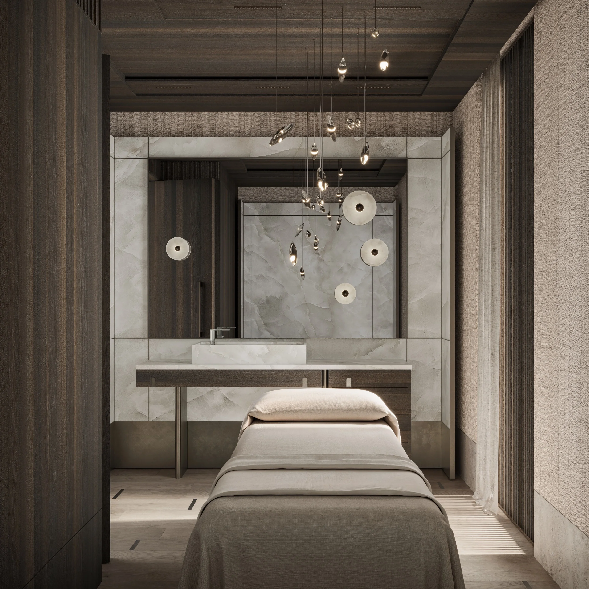Private apartment massage room in Montenegro designed by Ines Lulkowska, featuring Apparatus Median wall lamp and Ochre Moonlight Murmuration ceiling installation.