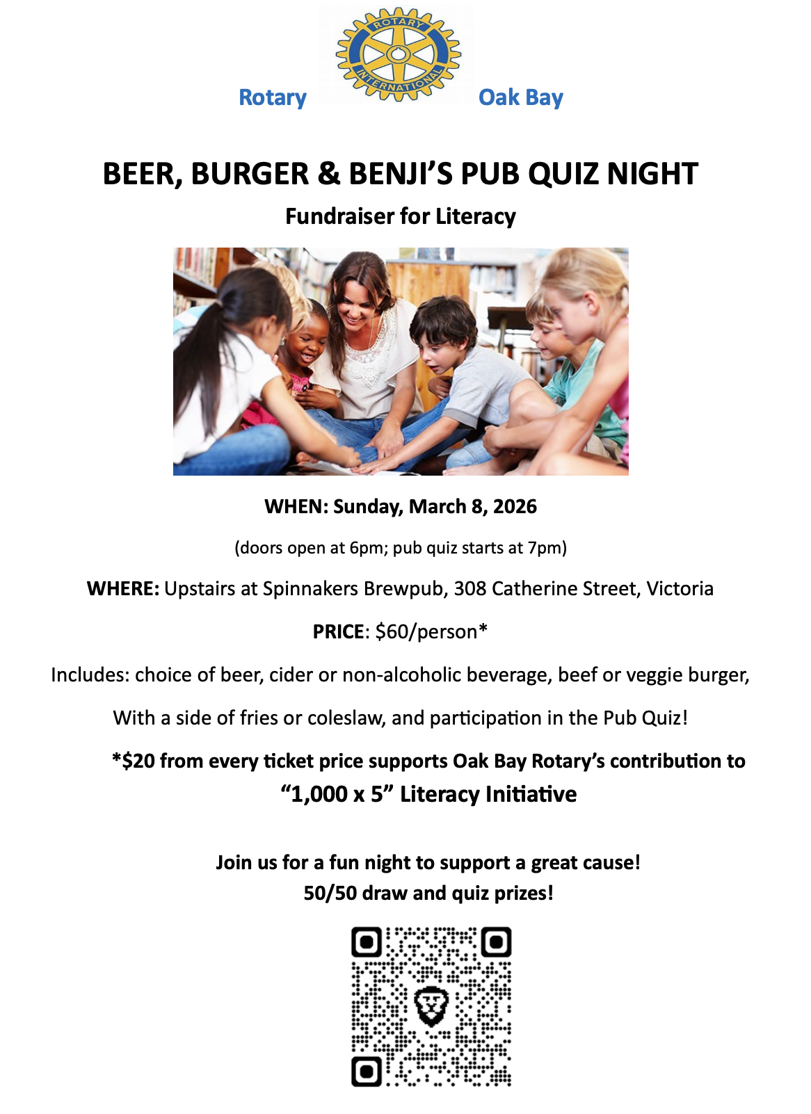 Flyer for a Rotary Oak Bay event titled "Beer, Burger & Benji’s Pub Quiz Night" fundraising for literacy. Includes details about date, time, location, price, and activities, along with a group of children and a woman playing a game.