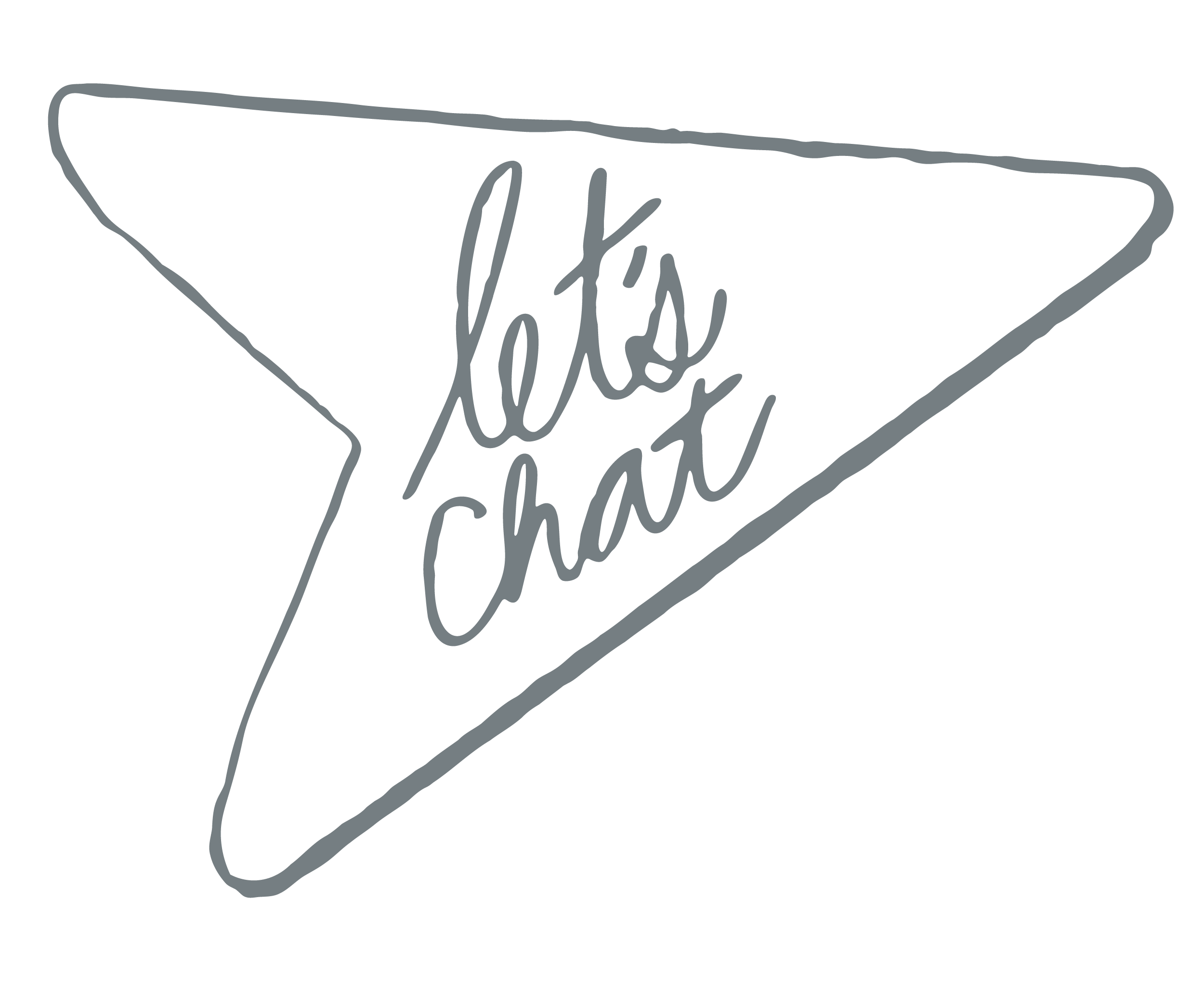 A triangular sign with a black background and gray outline. The gray text inside reads 'Let's chat' in a handwritten style.